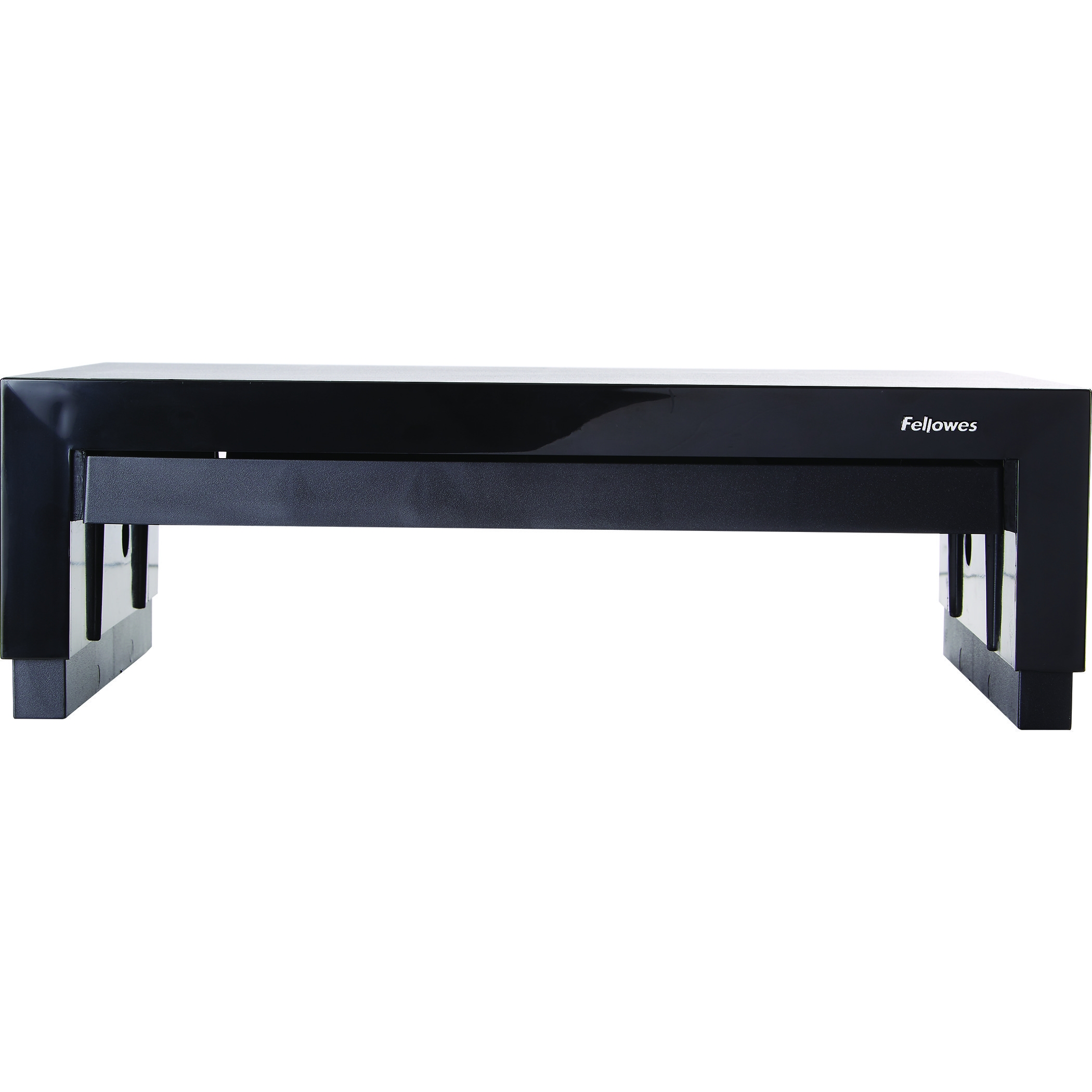 Czarny stojak na monitor z logo Fellowes. Białe tło, neutralne oświetlenie.