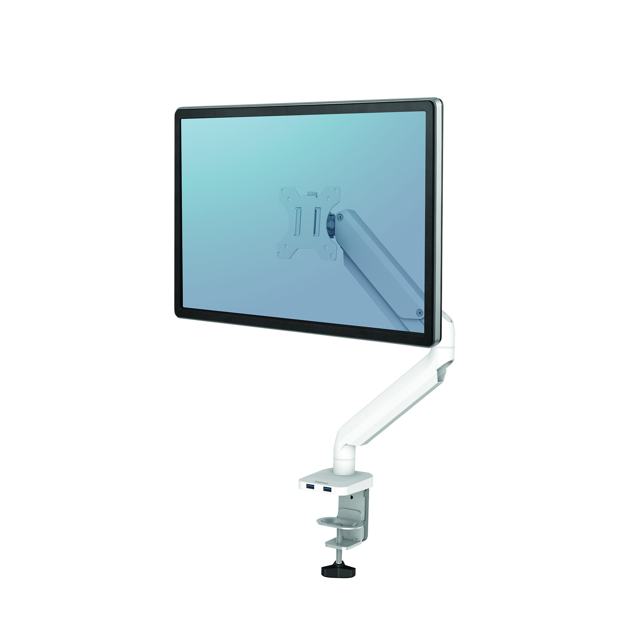 Braccio per monitor bianco con un monitor nero, con sfondo bianco.