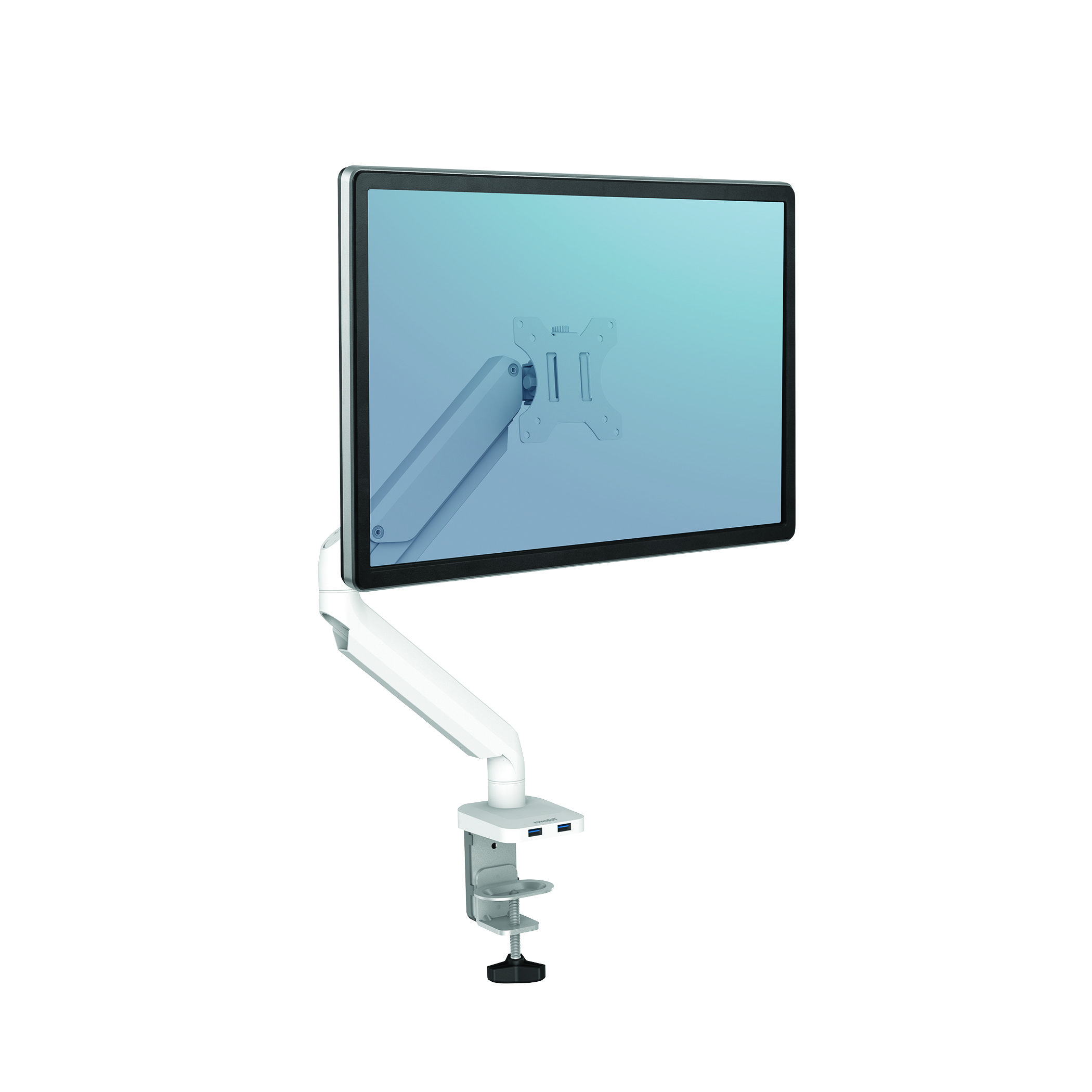 Un monitor del computer collegato a un braccio regolabile bianco, montato su una scrivania.