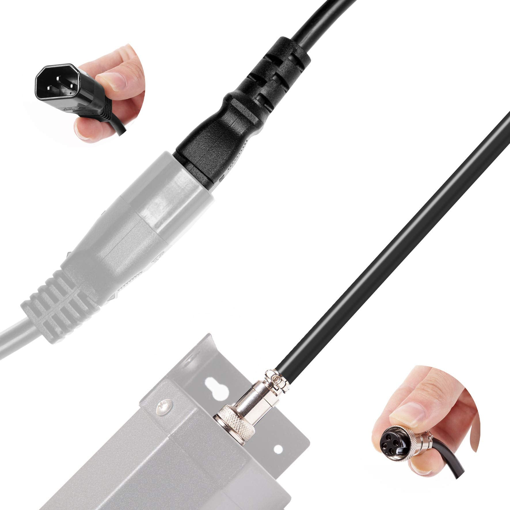 Zwei elektrische Kabel miteinander verbunden. Eines ist ein Netzkabel und das andere ein Verbindungskabel.
