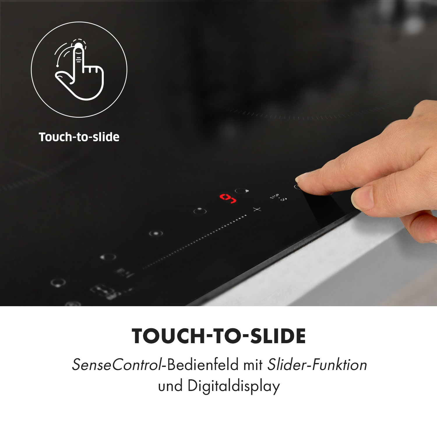 Mano che tocca un fornello a induzione nero, con etichetta touch-to-slide.