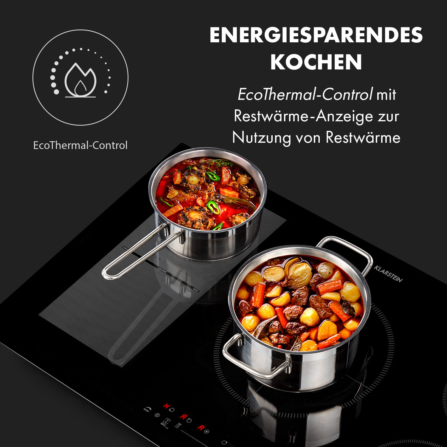 Due pentole su un piano cottura nero con testo che indica la cottura a risparmio energetico con calore residuo.