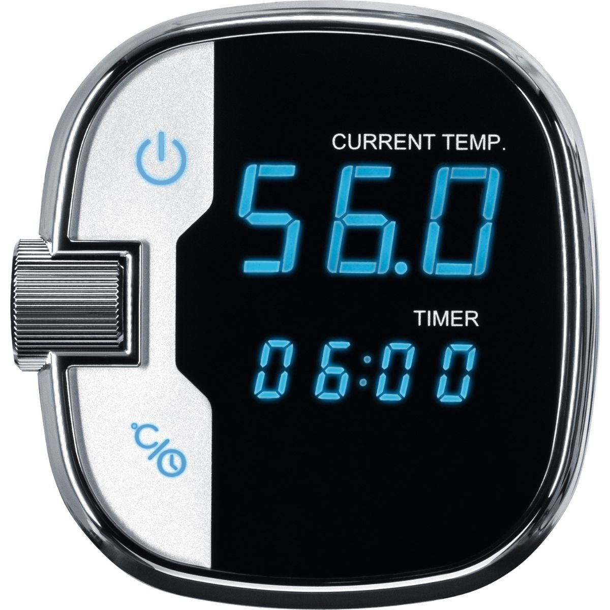Digitalanzeige mit aktueller Temperatur und Timereinstellungen.