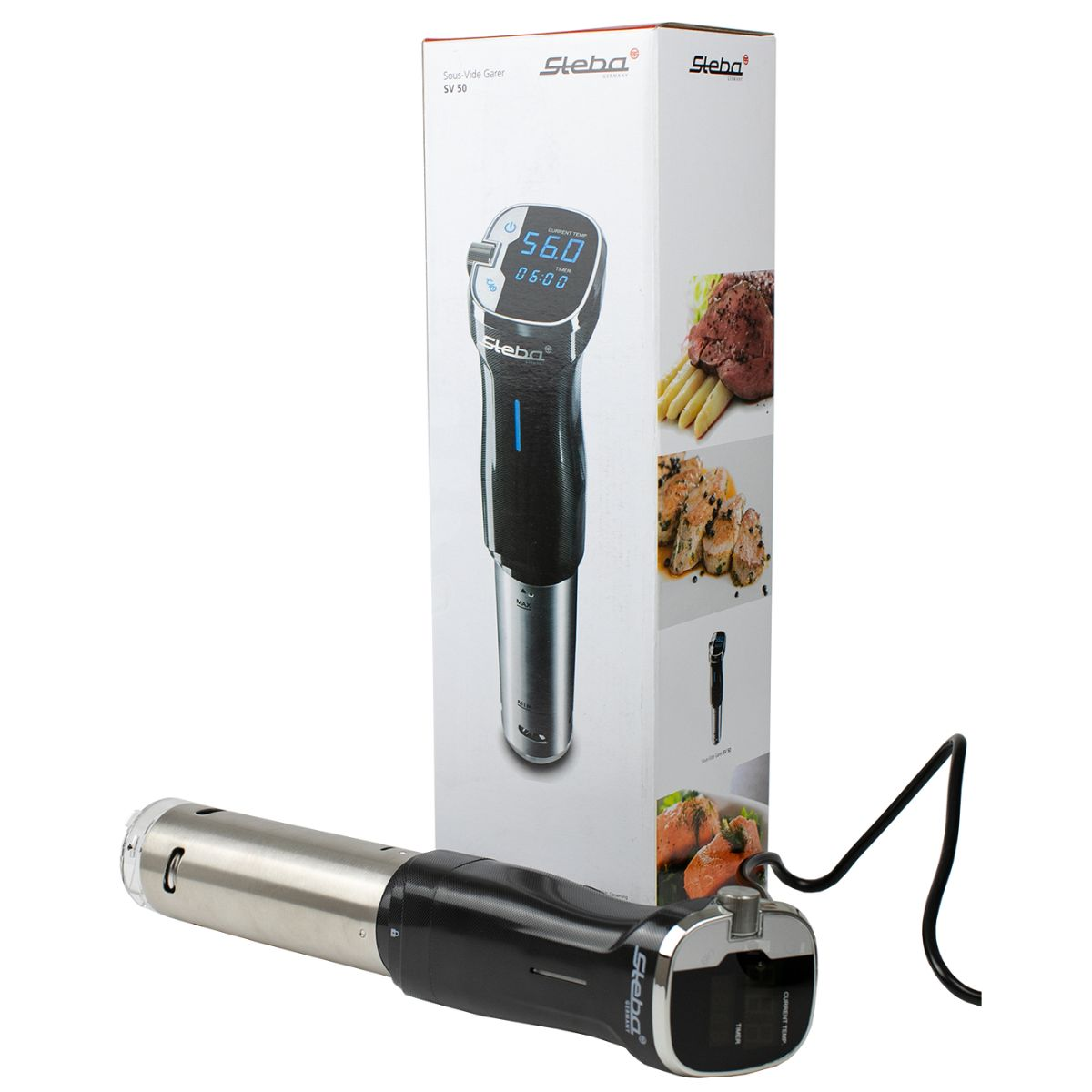 Sous-Vide-Eintauchzirkulator und Box mit Bildern von gekochtem Essen. Schwarz und Silber.