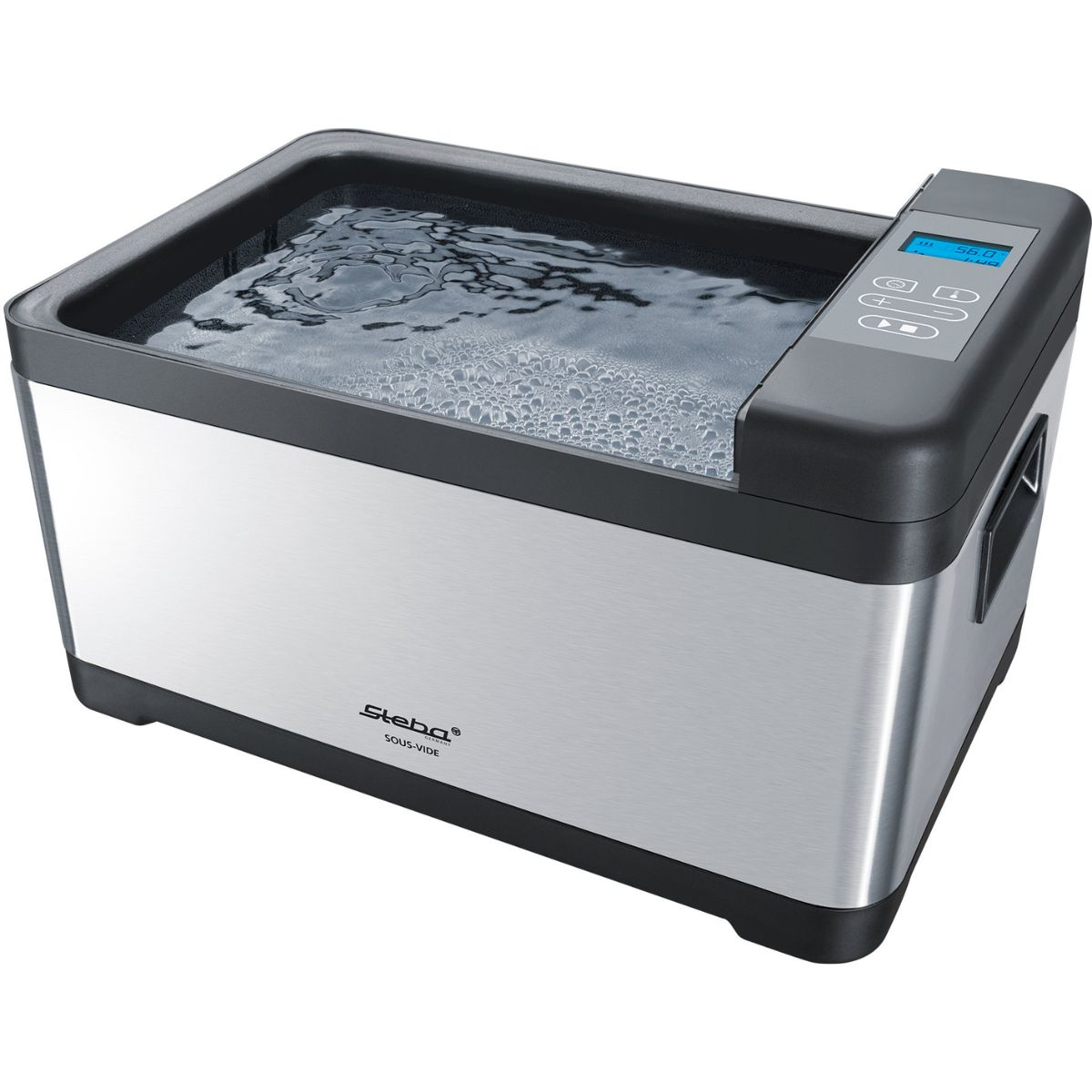 Ein Edelstahl-Sous-Vide-Tauchzirkulator mit Wasser. Ein digitales Display befindet sich auf der rechten Seite.