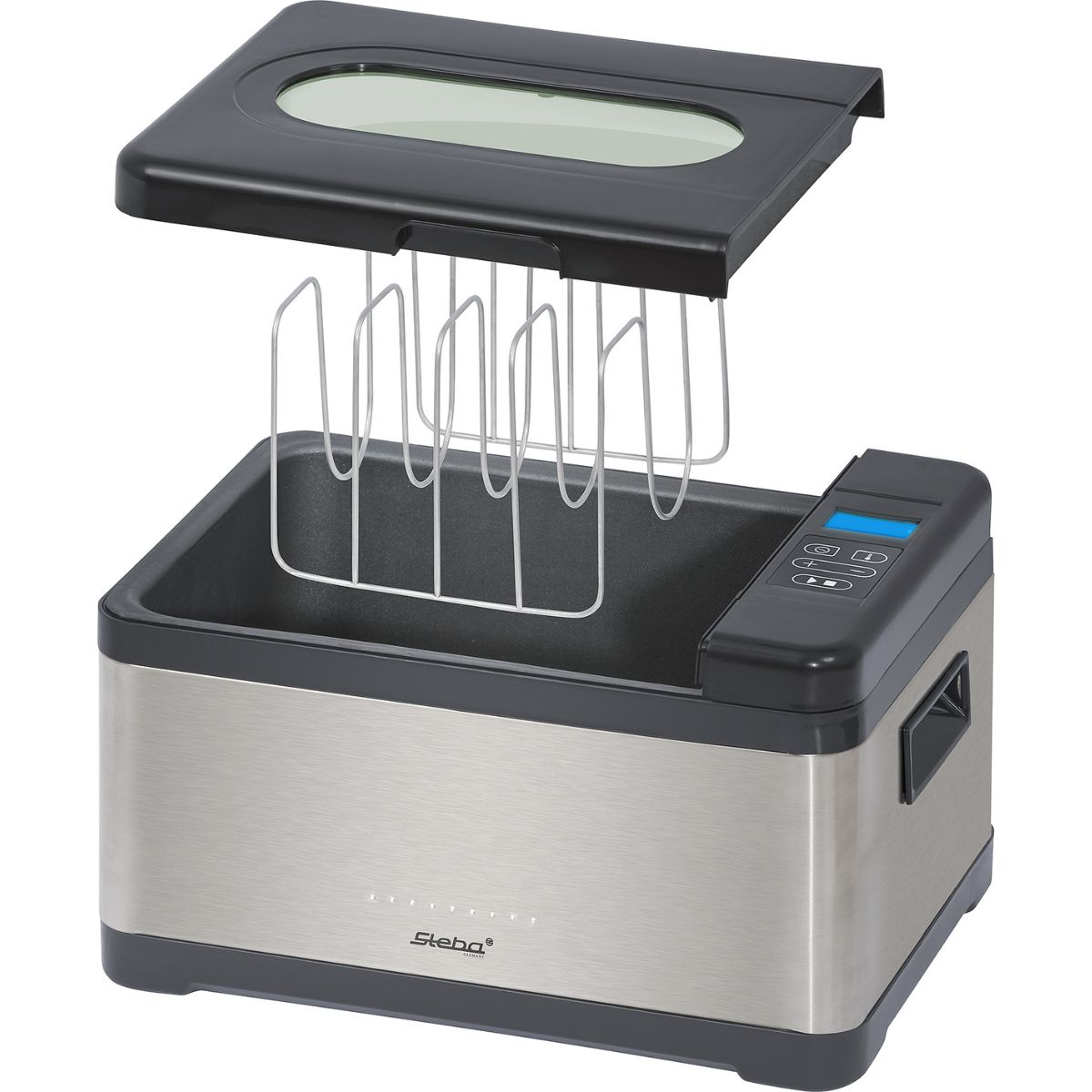 Sous-Vide-Gerät aus Edelstahl mit schwarzem Deckel, Gestell und Bedienfeld auf weißem Hintergrund.