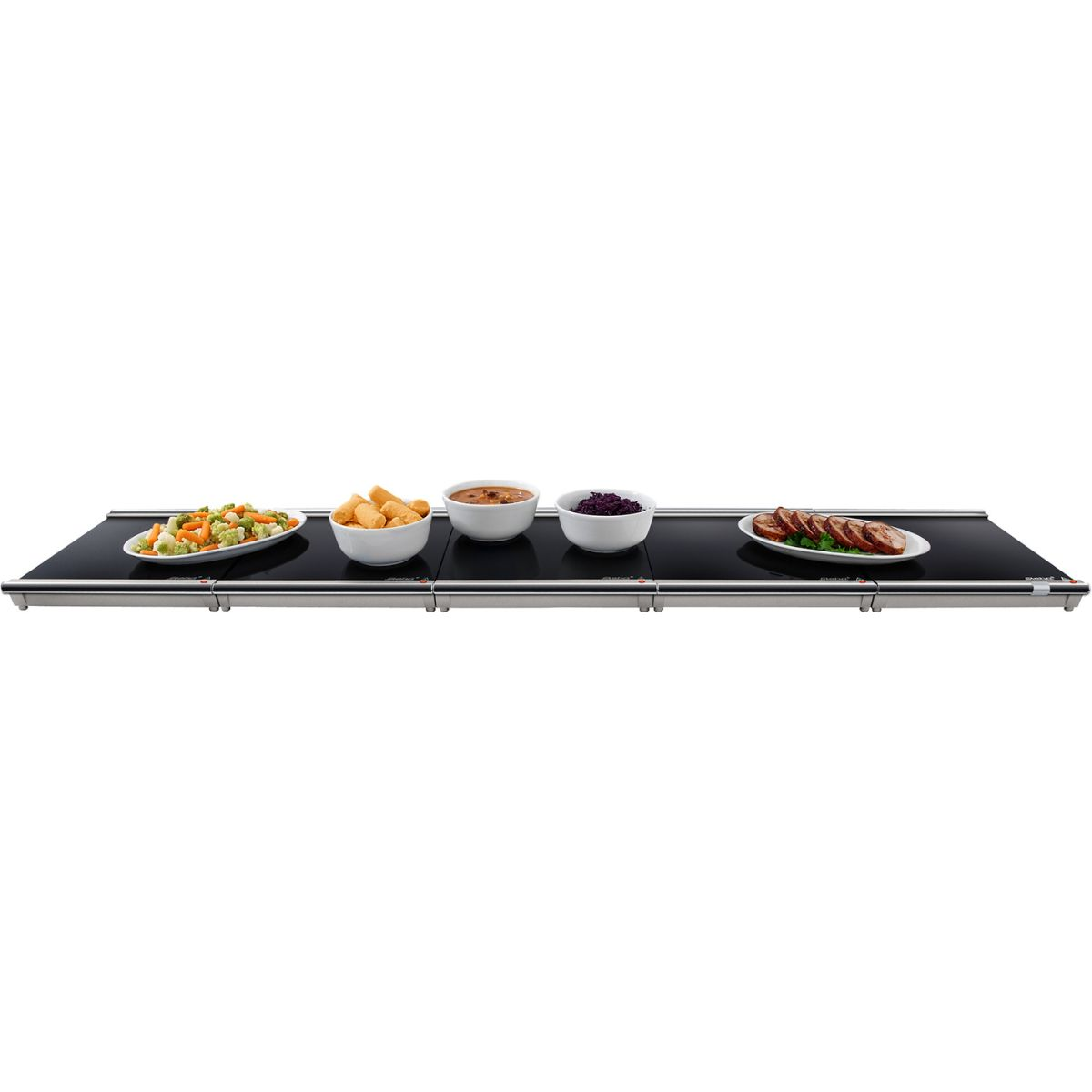 Buffet-Speisenwärmer mit Speisen, darunter Gemüse, Fleisch und Kartoffeln.