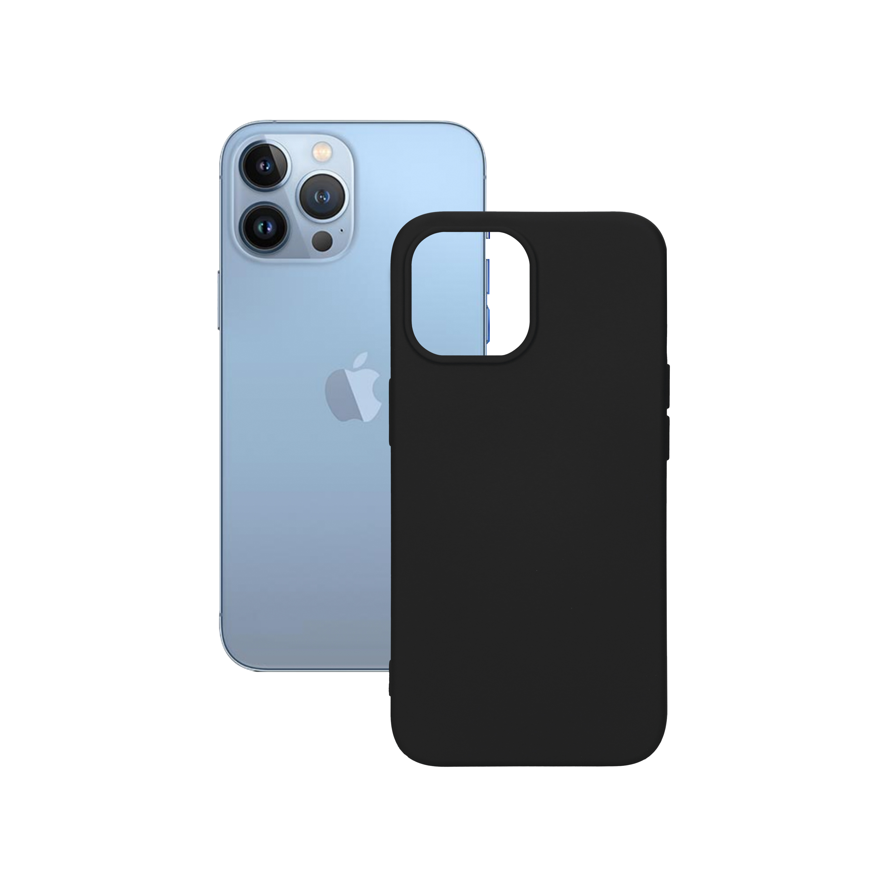 Un iPhone e una custodia nera. Il telefono è blu con tre fotocamere posteriori, la custodia è nera.