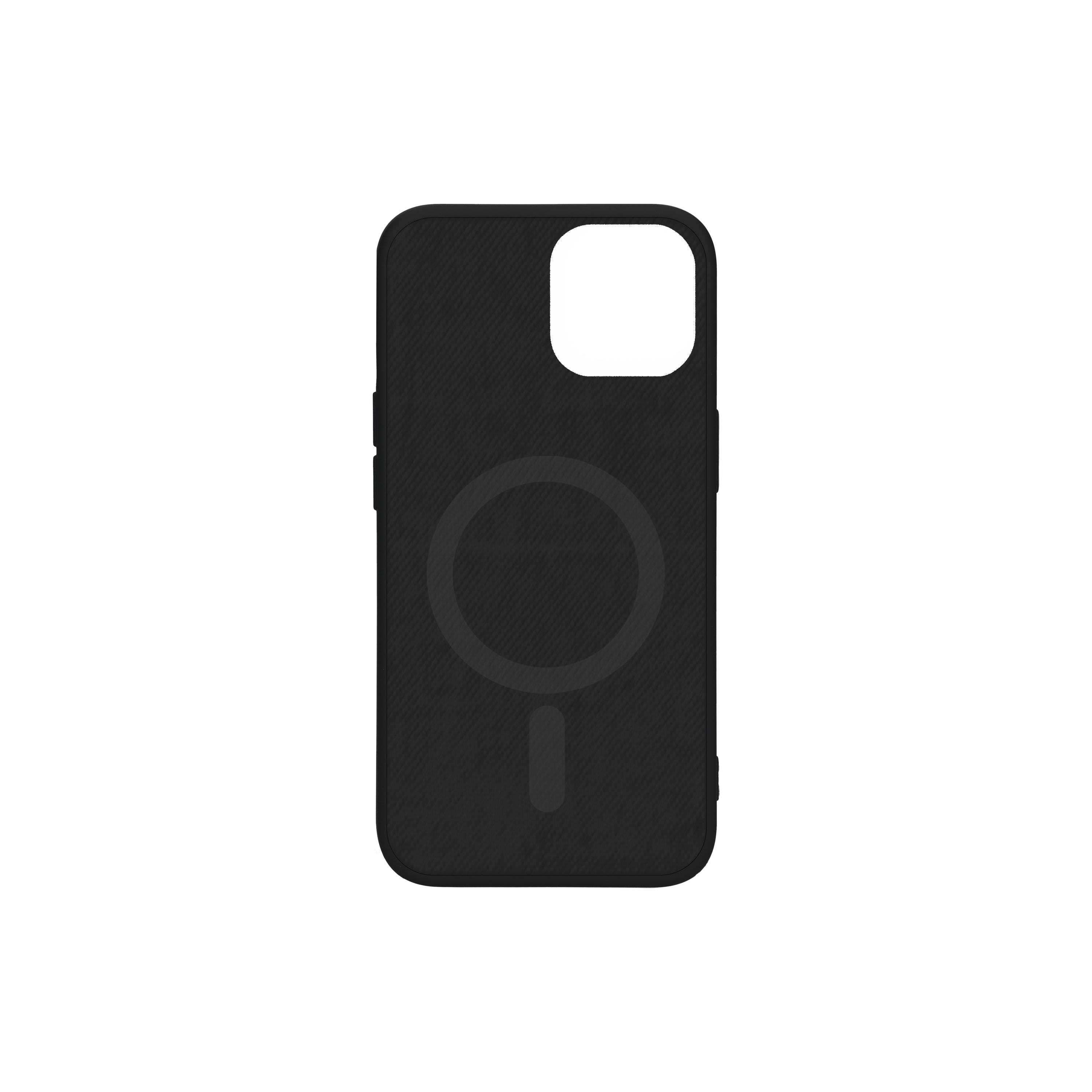 Custodia per telefono nera, vista posteriore, con design MagSafe circolare. La custodia è su sfondo bianco.