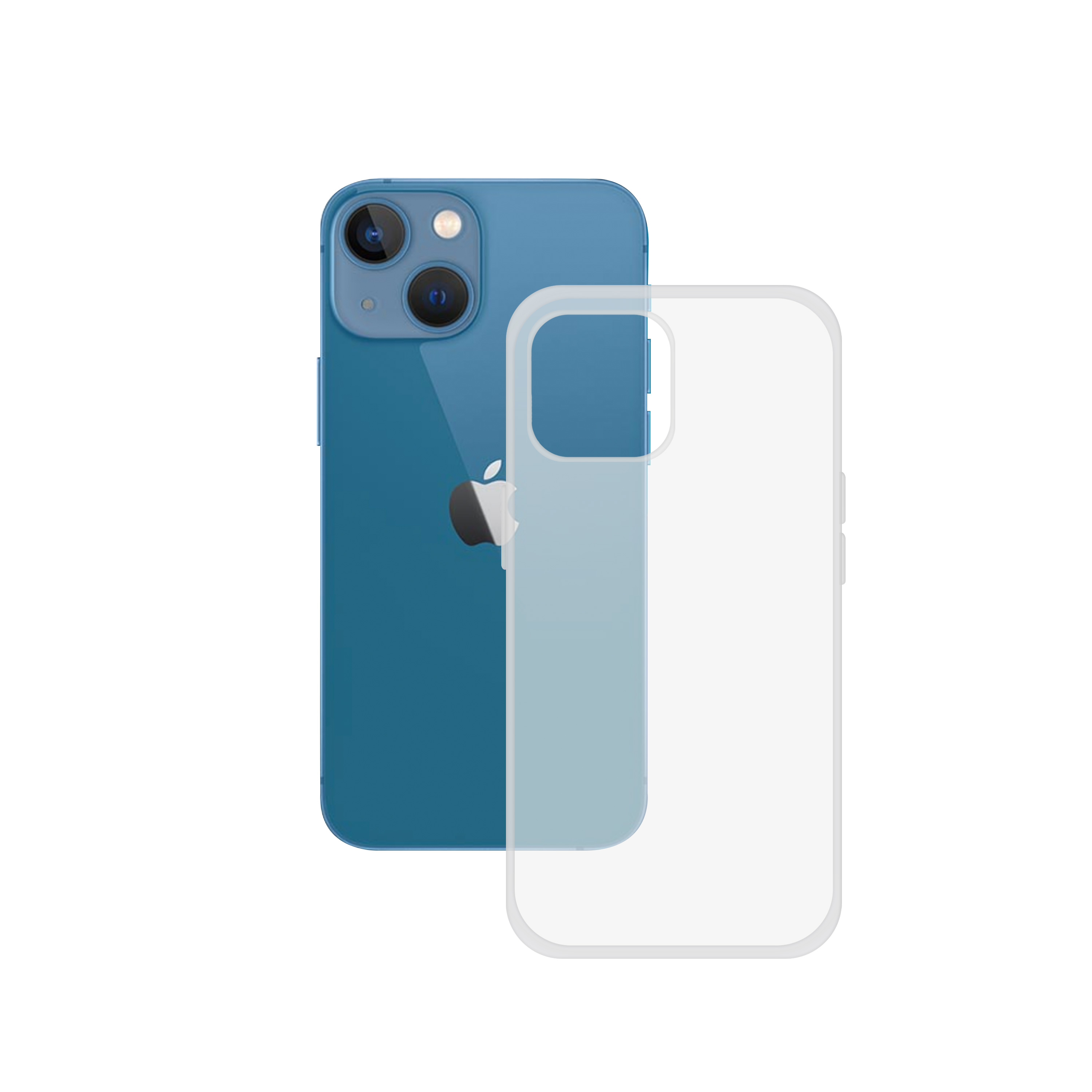 iPhone 13 blu con custodia trasparente. Vista posteriore con fotocamere.