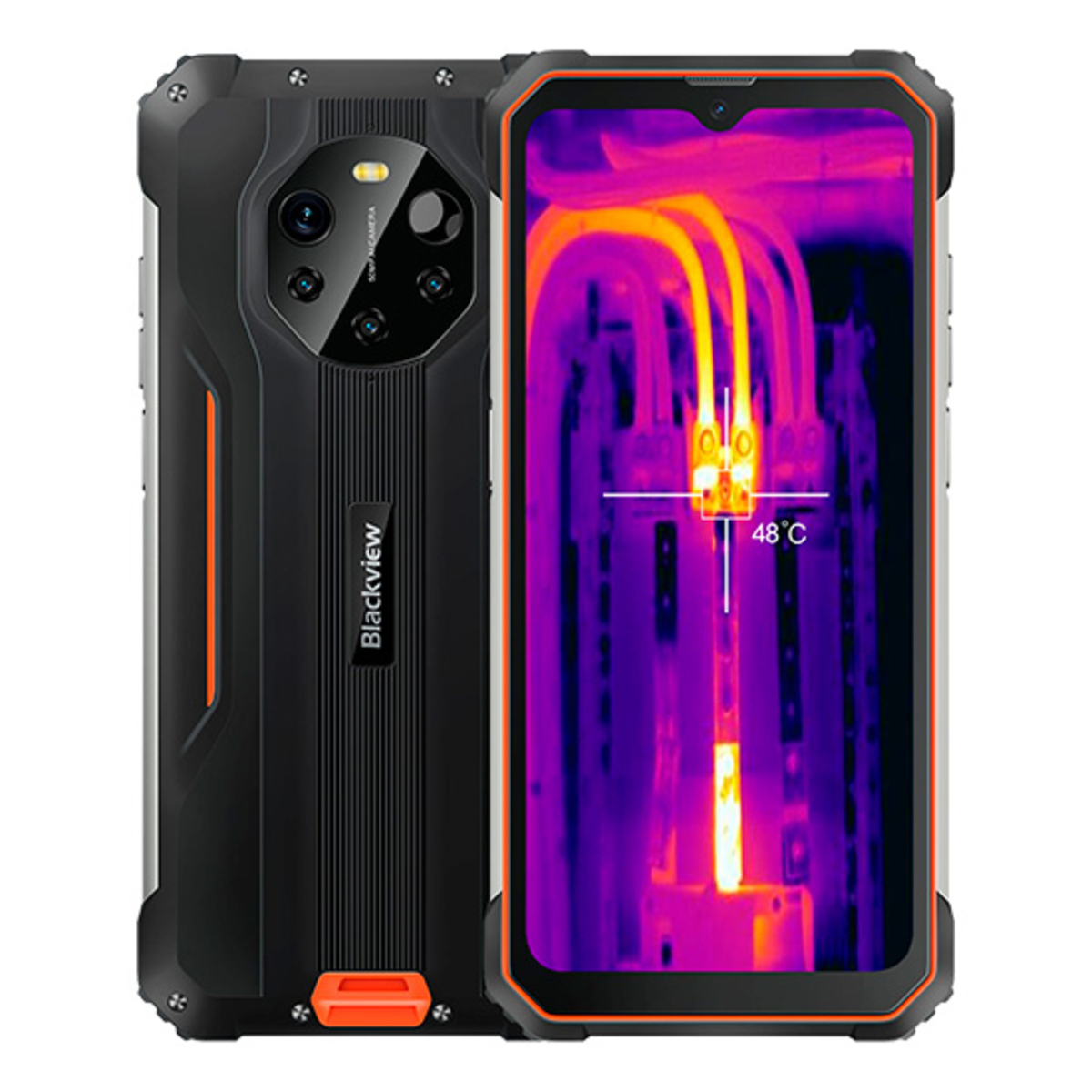 Smartphone nero con dettagli arancioni, vista termica sullo schermo e gruppo fotocamere.
