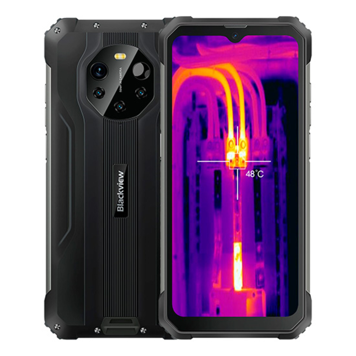Smartphone nero, termocamera sullo schermo, retro nero.
