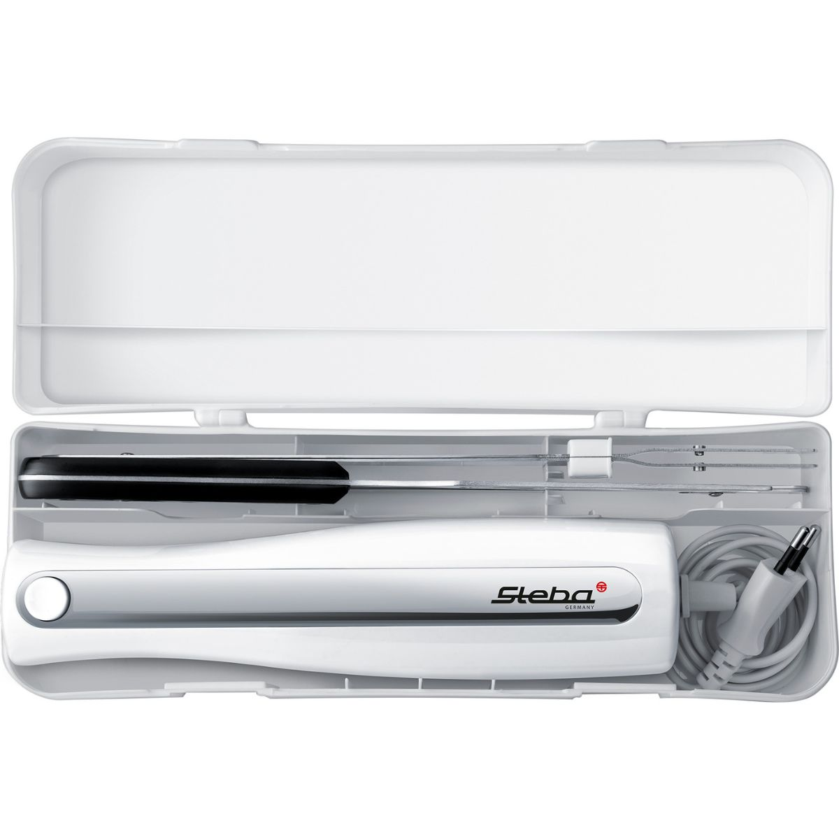 Coltello elettrico bianco per intaglio nella sua custodia aperta. Il coltello è nero e argento.