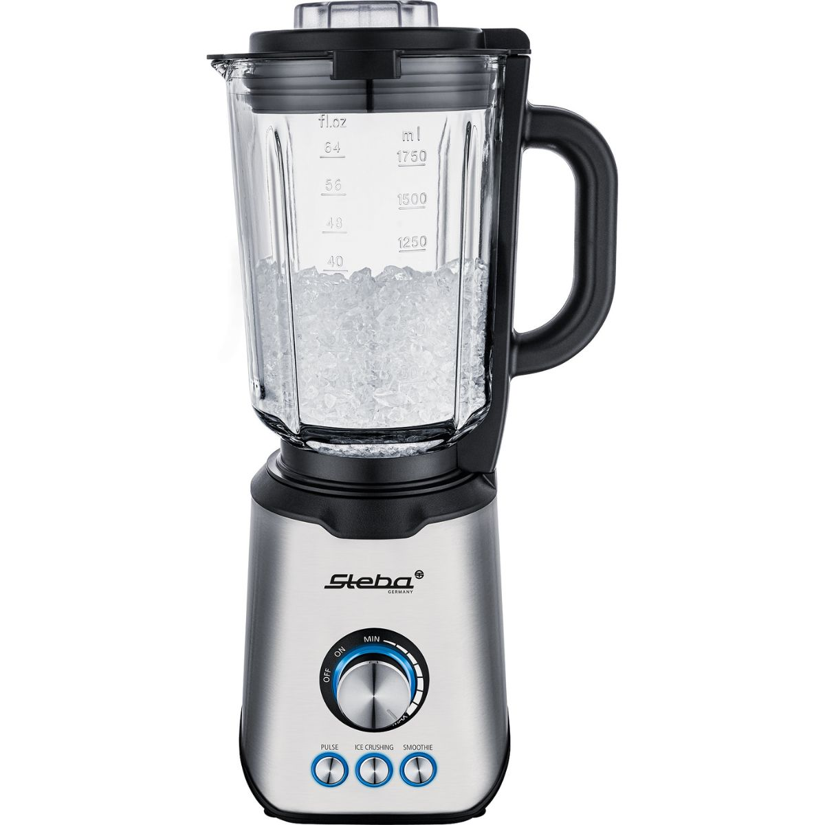 Silberner Mixer mit Eis und schwarzem Griff. Hat eine Anzeige mit Ein/Aus- und Geschwindigkeitsoptionen.