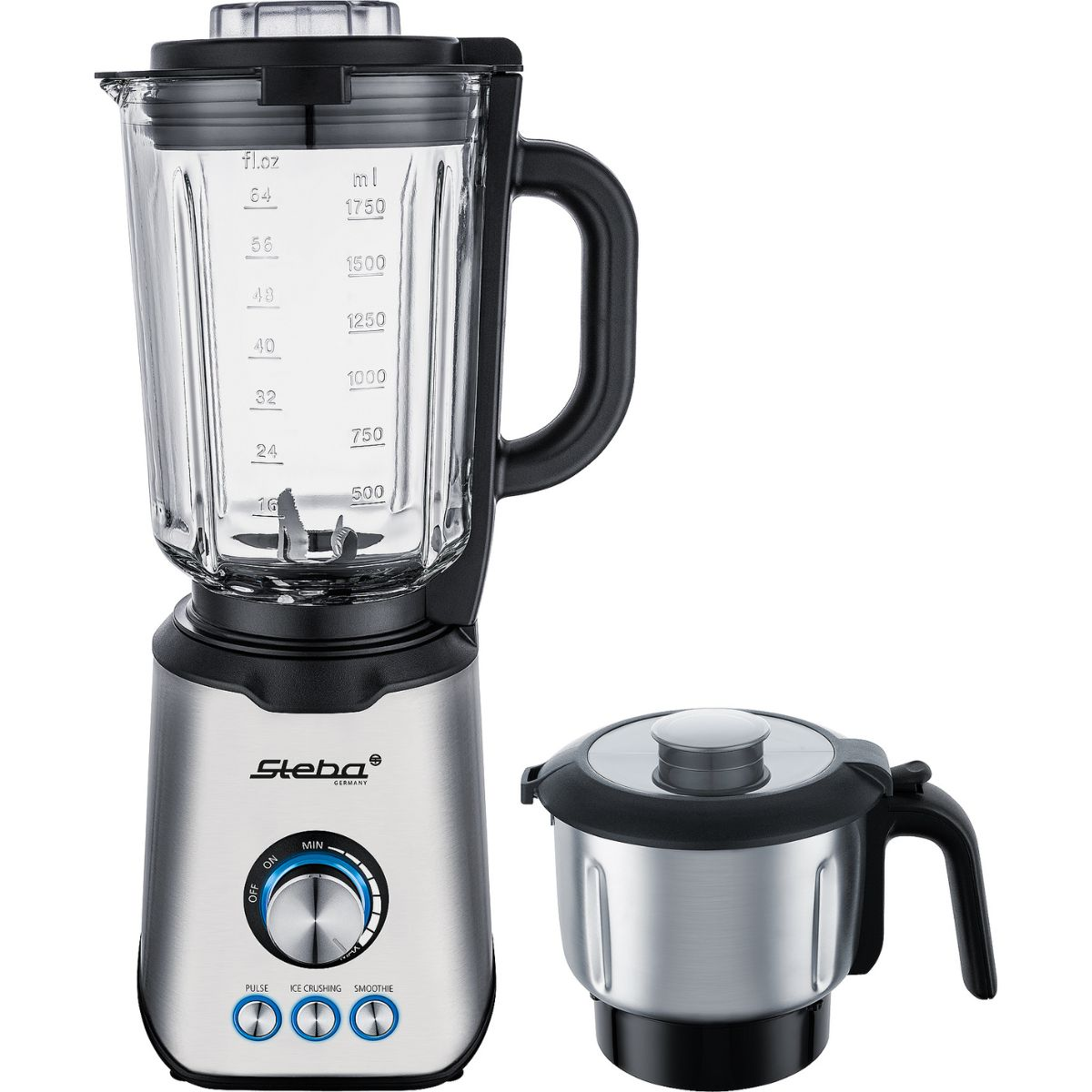 Ein Mixer mit einem Glasbehälter und einem separaten Behälter. Er hat einen schwarzen Griff.