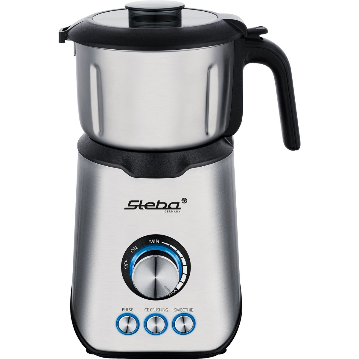Silberner und schwarzer Mixer mit Edelstahlbehälter. Weißer Hintergrund.