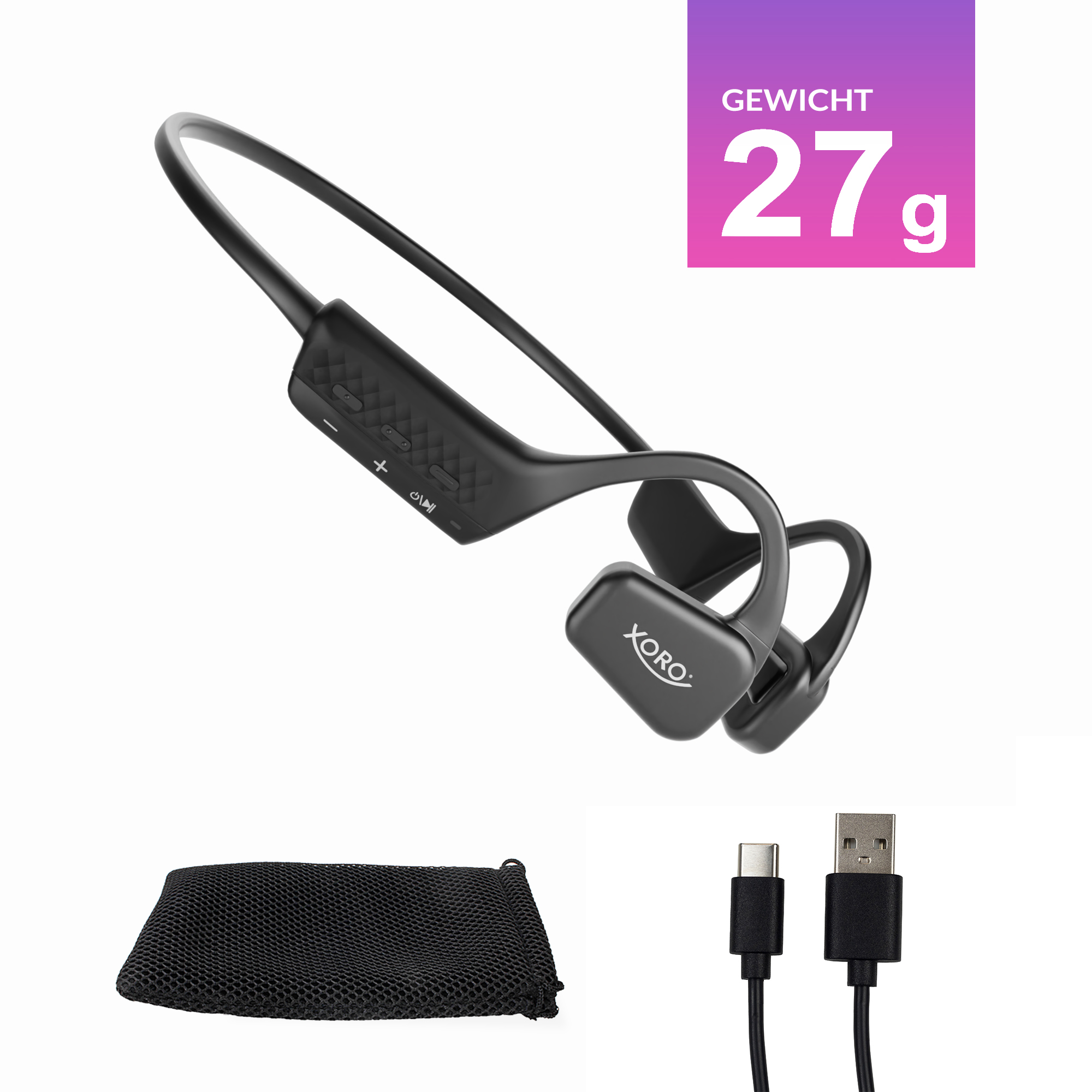 Czarne słuchawki przewodnictwa kostnego z kablem do ładowania i torbą. Białe tło.