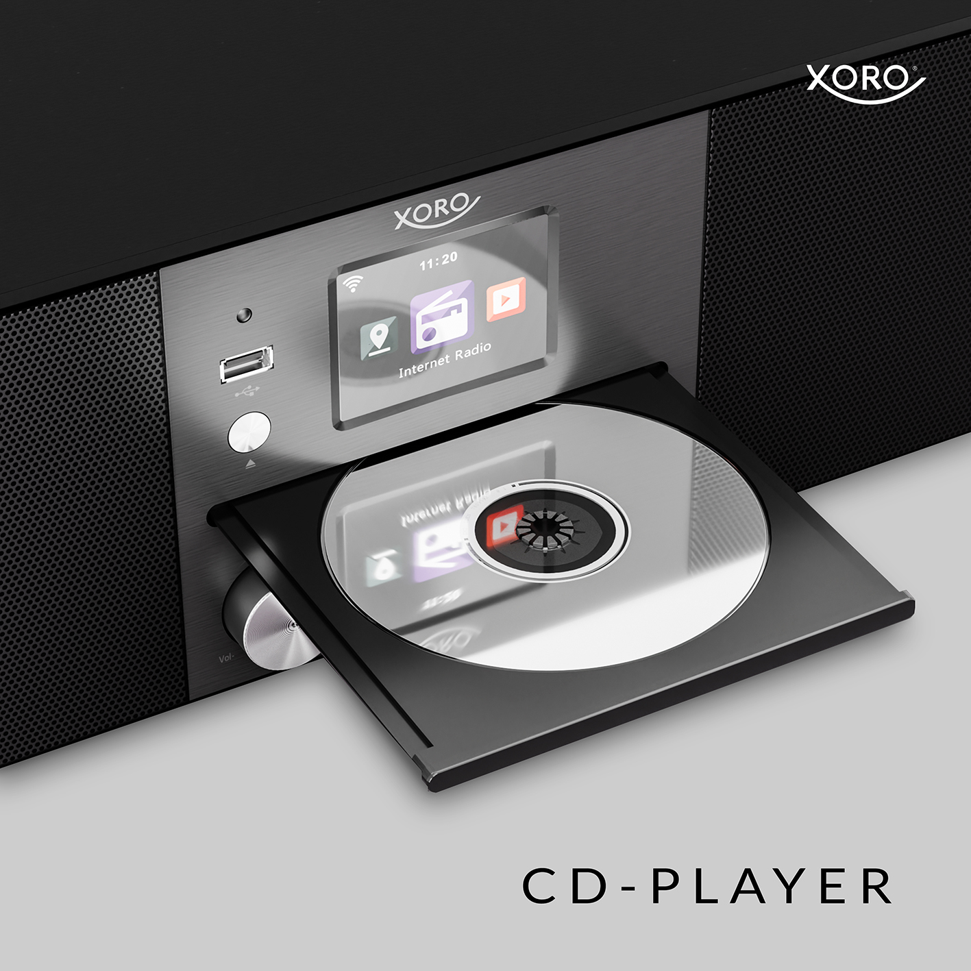 Czarny odtwarzacz CD z otwartą szufladą na płyty CD. Ekran wyświetla menu. Poniżej tekst CD-PLAYER.