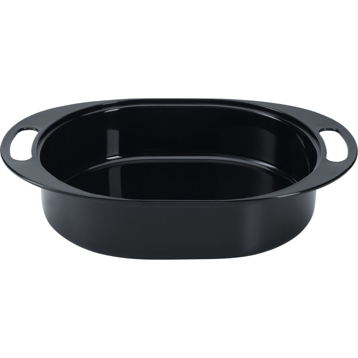 Eine schwarze, ovale Backform mit Griffen auf jeder Seite, vor weißem Hintergrund.