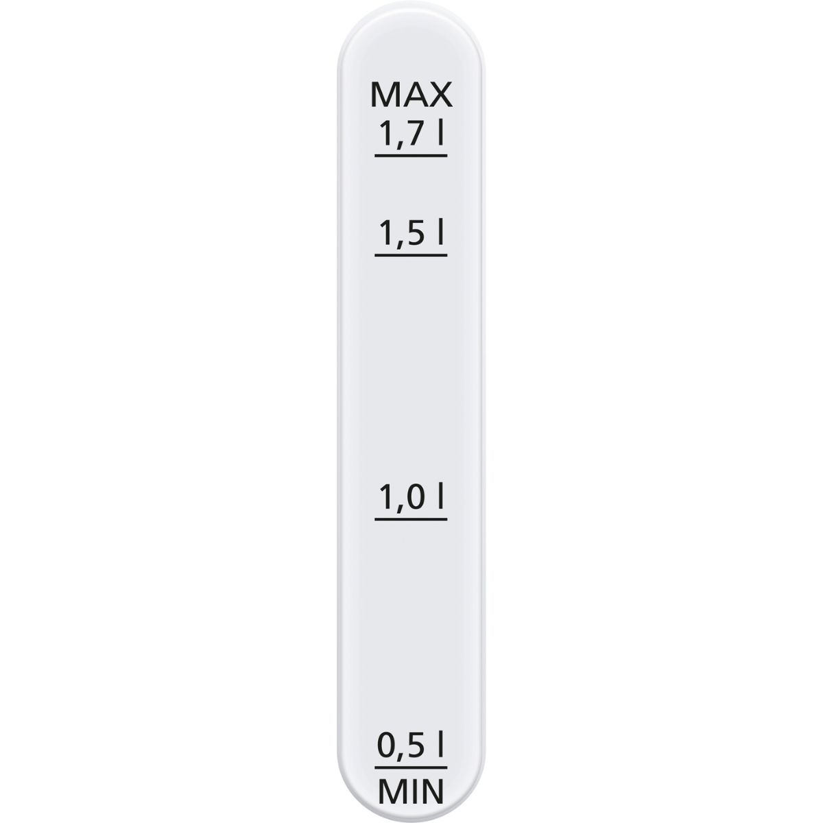 Un'asta di misurazione bianca con indicatori di volume: 0.5L, 1.0L, 1.5L, 1.7L MAX.