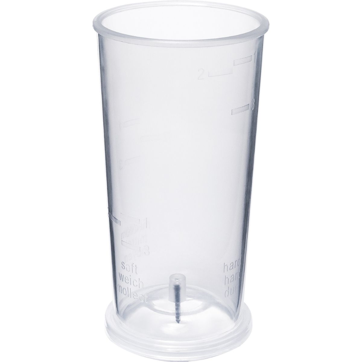 Przezroczysty plastikowy kubek z miarką z oznaczeniami i centralnym mieszadłem.