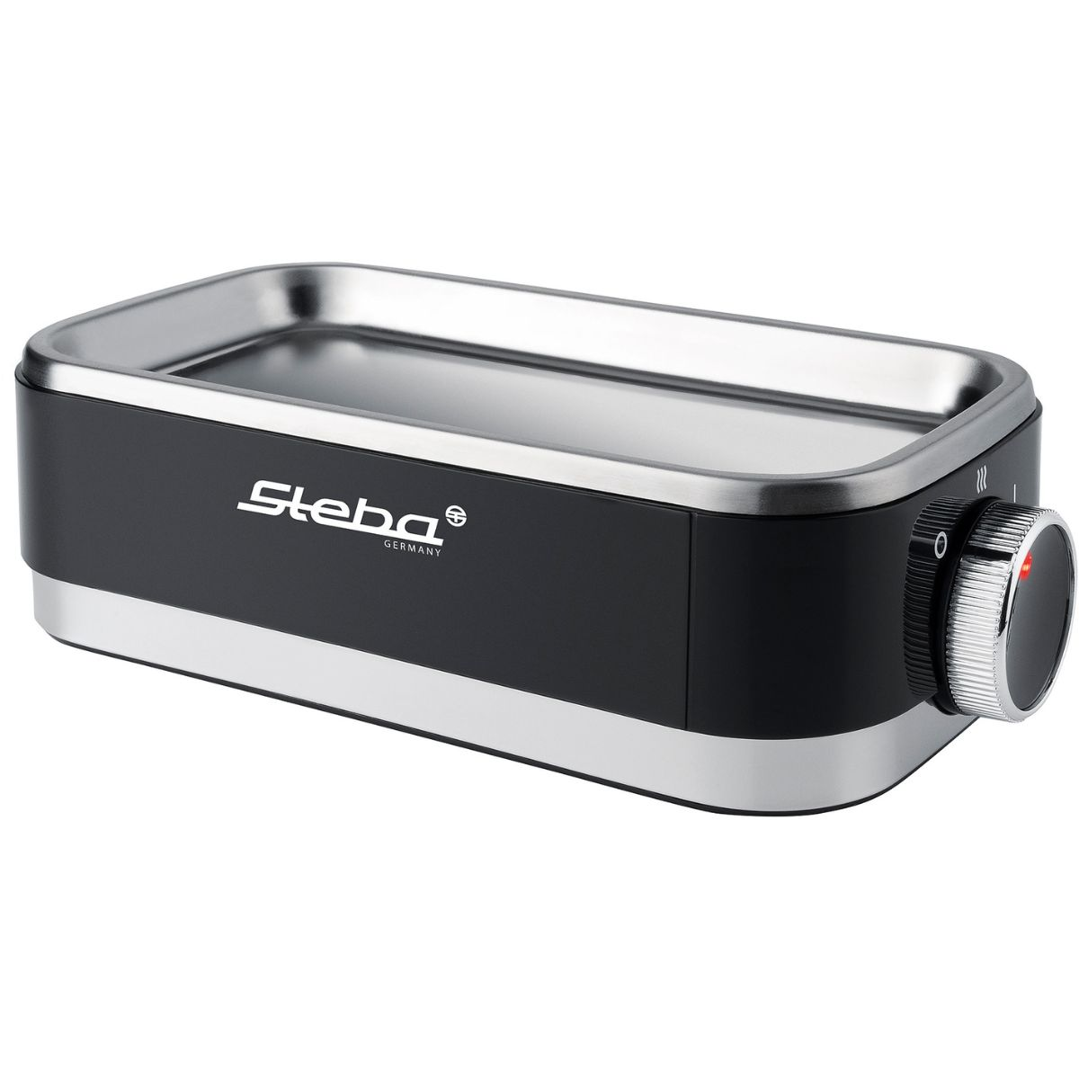 Schwarz-Silber-Grill mit einem Drehknopf. Es ist ein kleines, rechteckiges Gerät.