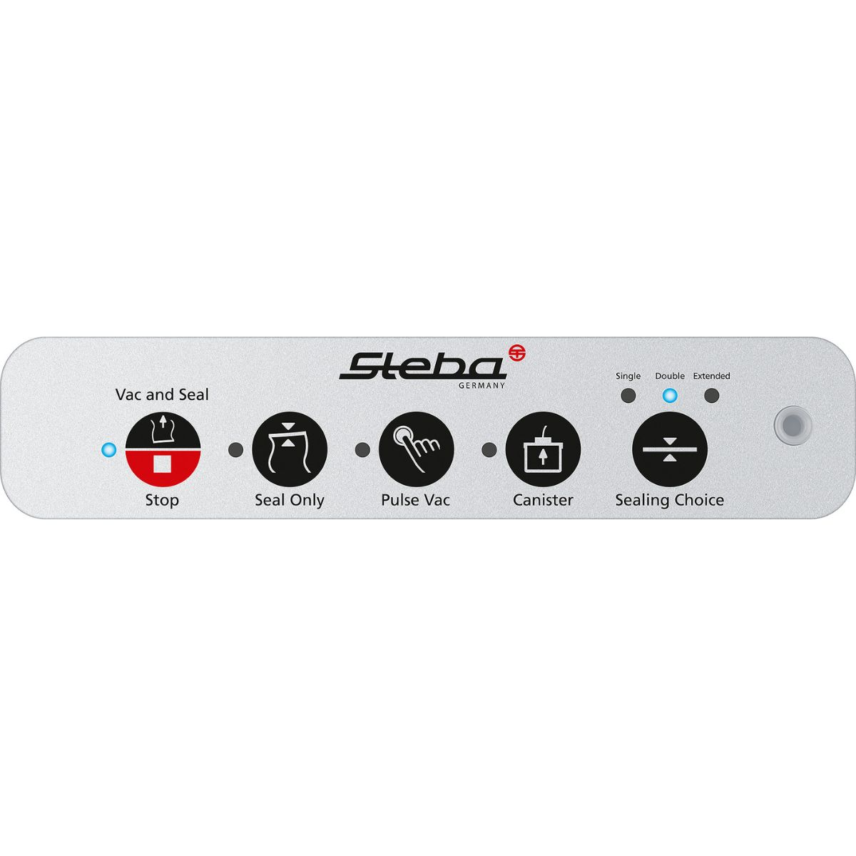 Ein silbernes Steba Vakuumiergerät-Bedienfeld mit beschrifteten Tasten und Kontrollleuchten auf weißer Oberfläche.
