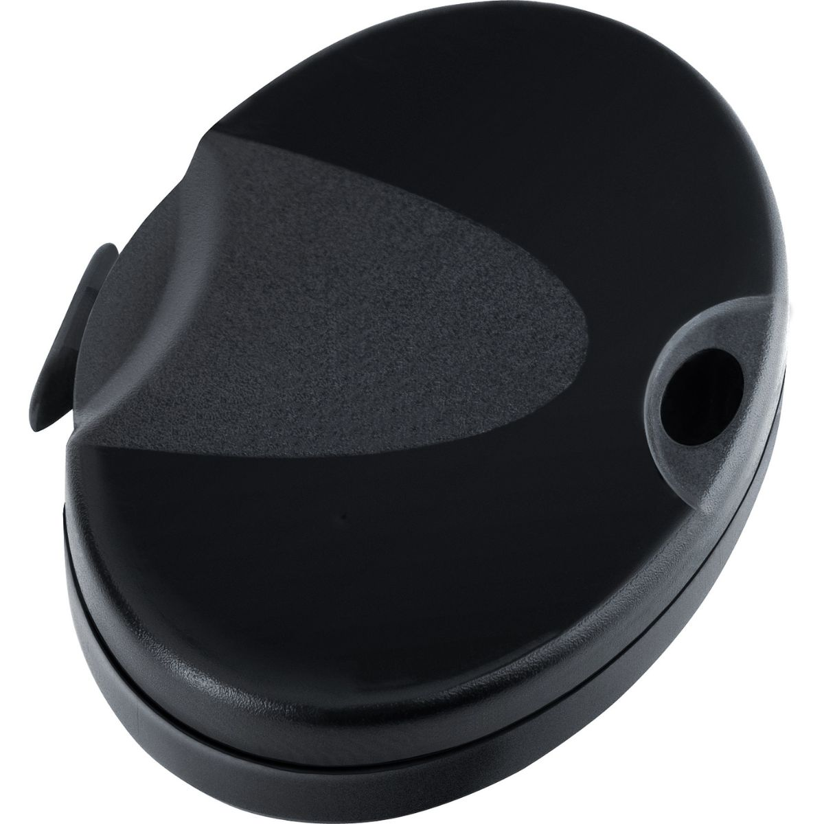Ein schwarzes, oval geformtes Gerät mit Griff und Loch, wahrscheinlich ein tragbares Gerät.
