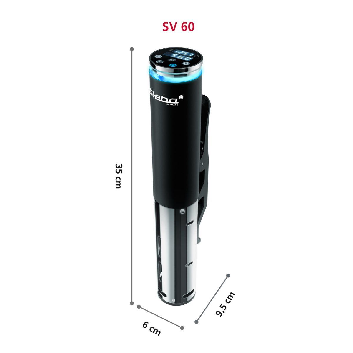 Schwarzer Sous-Vide-Immersion-Zirkulator mit Abmessungen auf weißem Hintergrund.