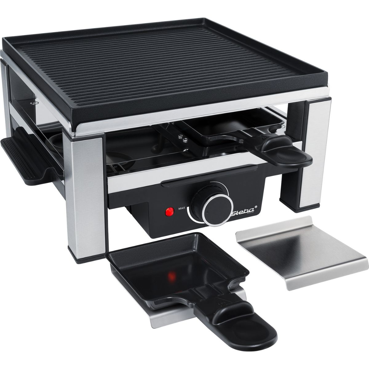 Griglia per raclette con padelle ed elemento riscaldante, con design nero e argento.