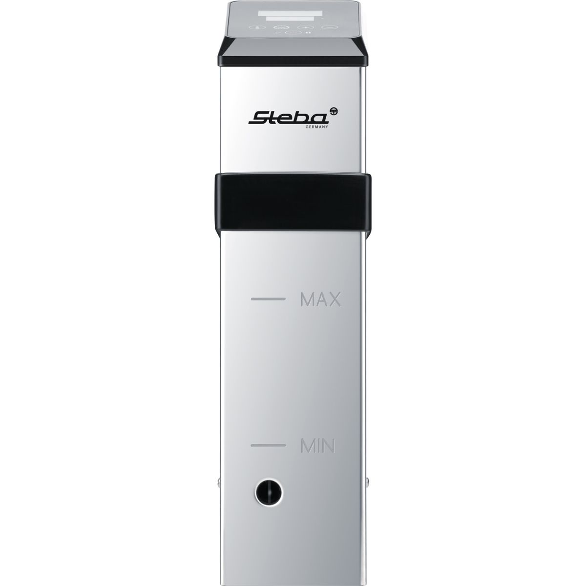 Ein silberner Steba Sous-Vide-Immersion-Zirkulator. Er hat einen schwarzen Deckel mit Digitalanzeige.