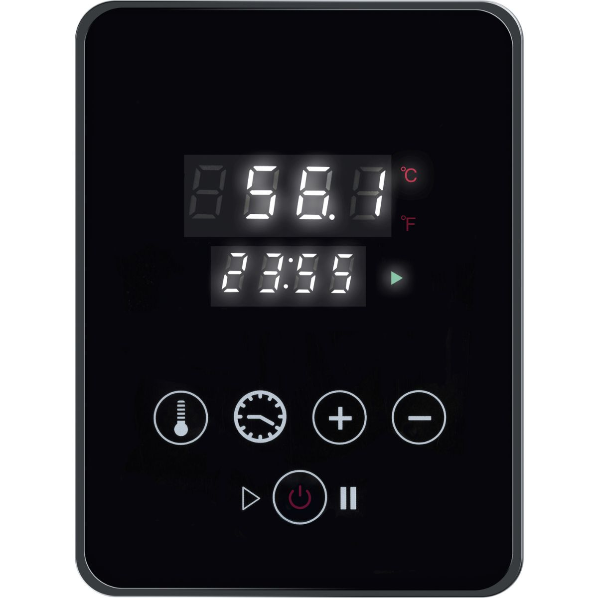 Schwarzes elektronisches Panel mit Digitalanzeige, zeigt Temperatur und Zeit. Es hat Knöpfe.
