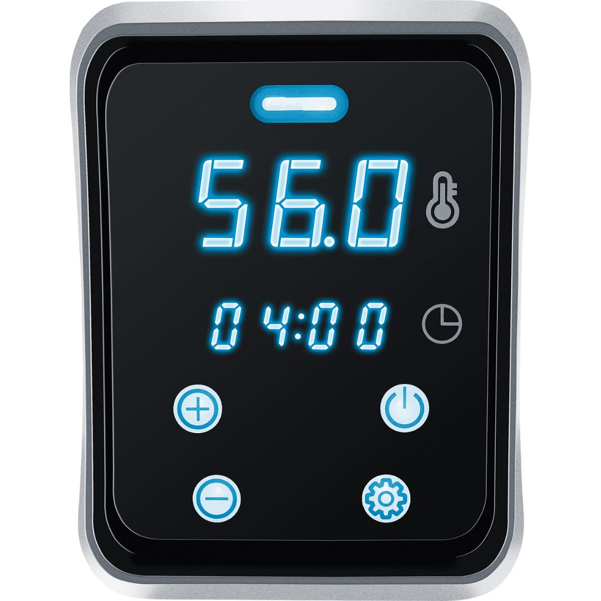 Schwarzes Digitaldisplay mit 56,0 und 04:00, Plus- und Minus-Tasten und einem Zahnradsymbol.