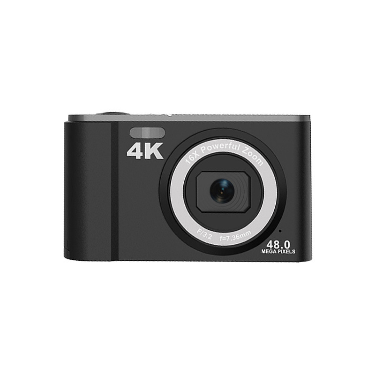 Czarny aparat cyfrowy 4K z obiektywem z zoomem 16x, wyświetlający 48,0 megapikseli.
