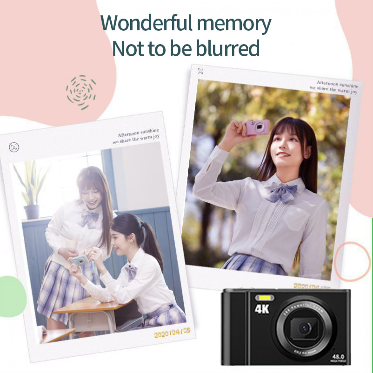 Dwa zdjęcia i aparat. Dziewczyny w szkolnych mundurkach z aparatem.