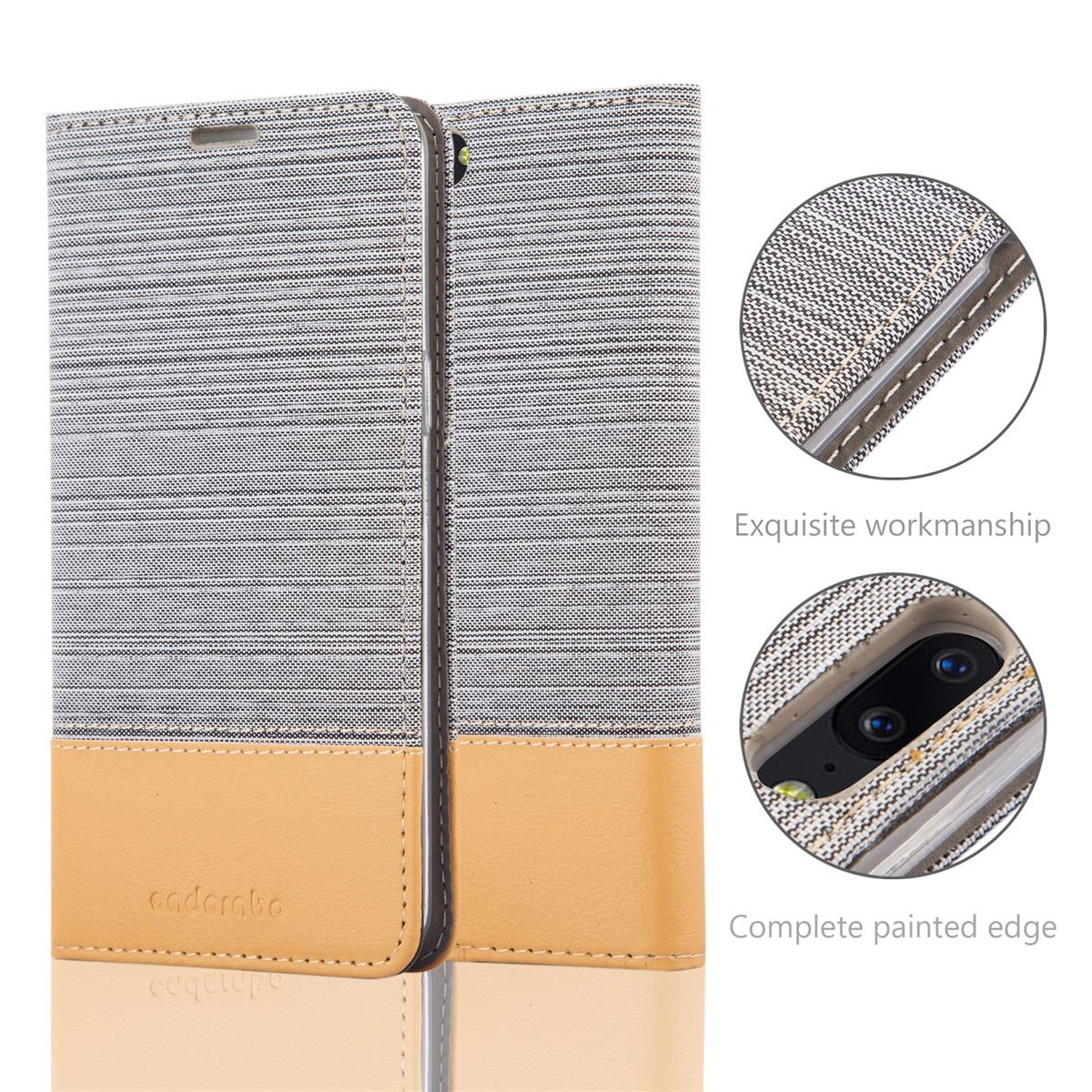 Handyhülle, grau und beige, mit kreisförmigem Detail. Exquisit und komplett.