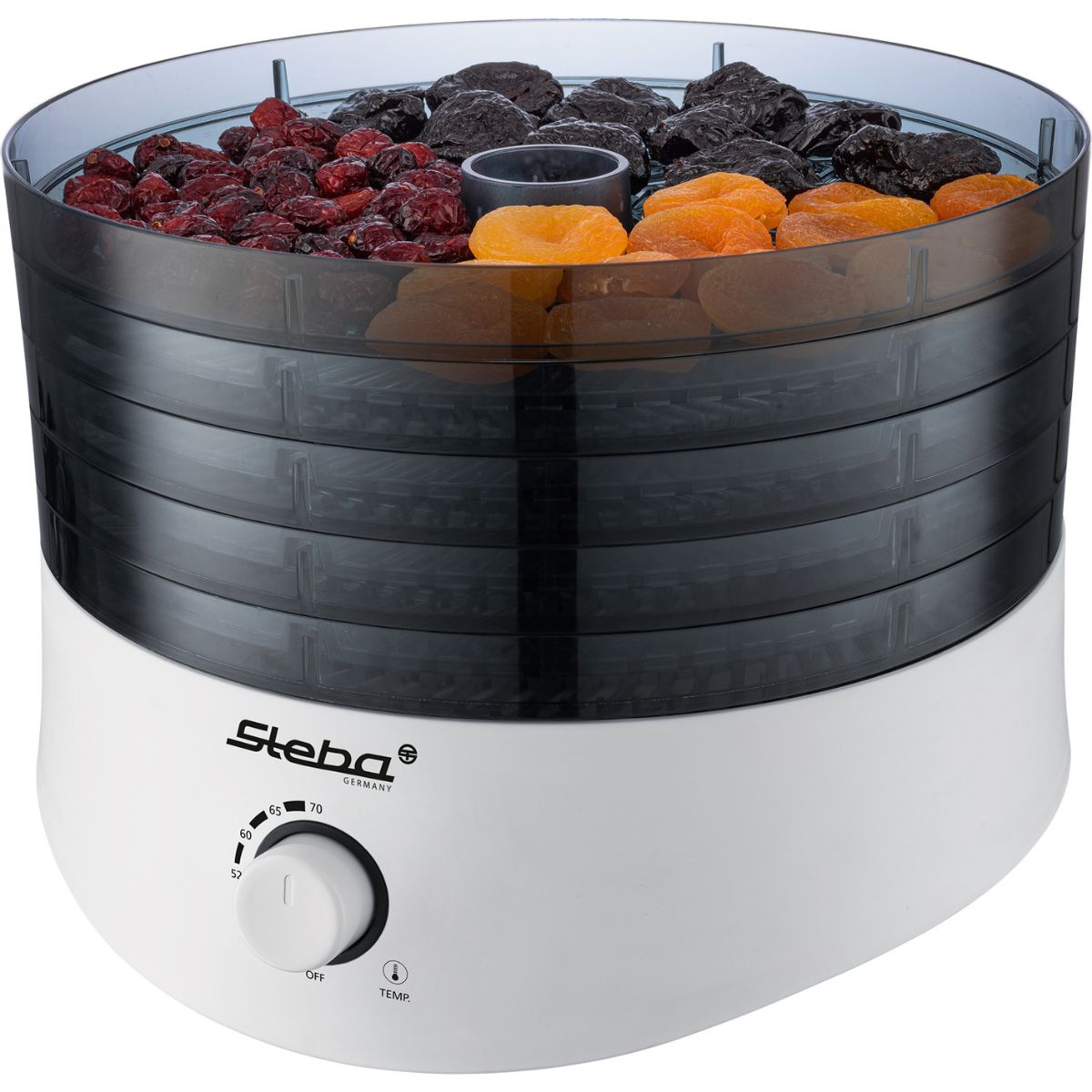 Un déshydrateur alimentaire blanc et noir avec des plateaux transparents remplis de fruits secs.