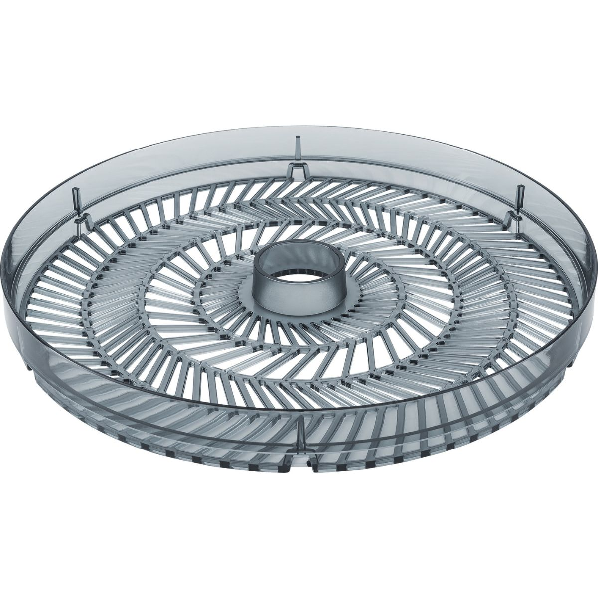 Un plateau circulaire en plastique gris. Le plateau a un trou central et un motif en spirale de supports.