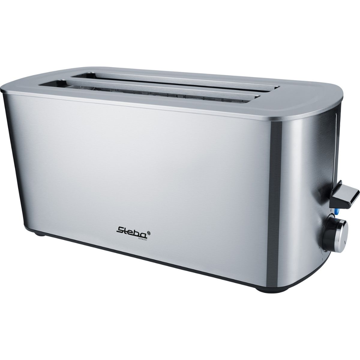 Ein Toaster aus Edelstahl mit zwei Schlitzen und einem Knopf für die Einstellungen.