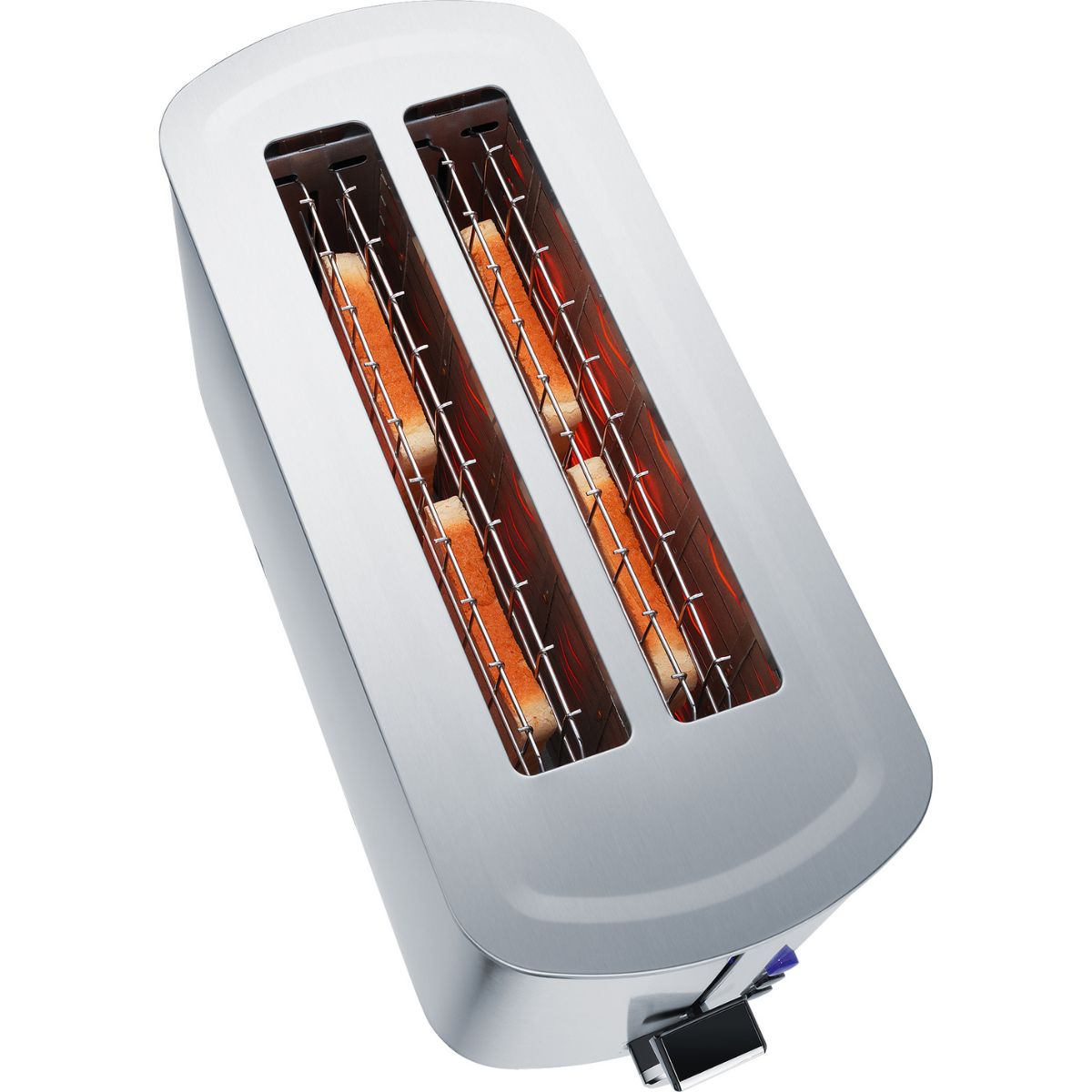 Toaster. Silberner Toaster mit zwei Schlitzen und Brot, mit rotem Glühen.