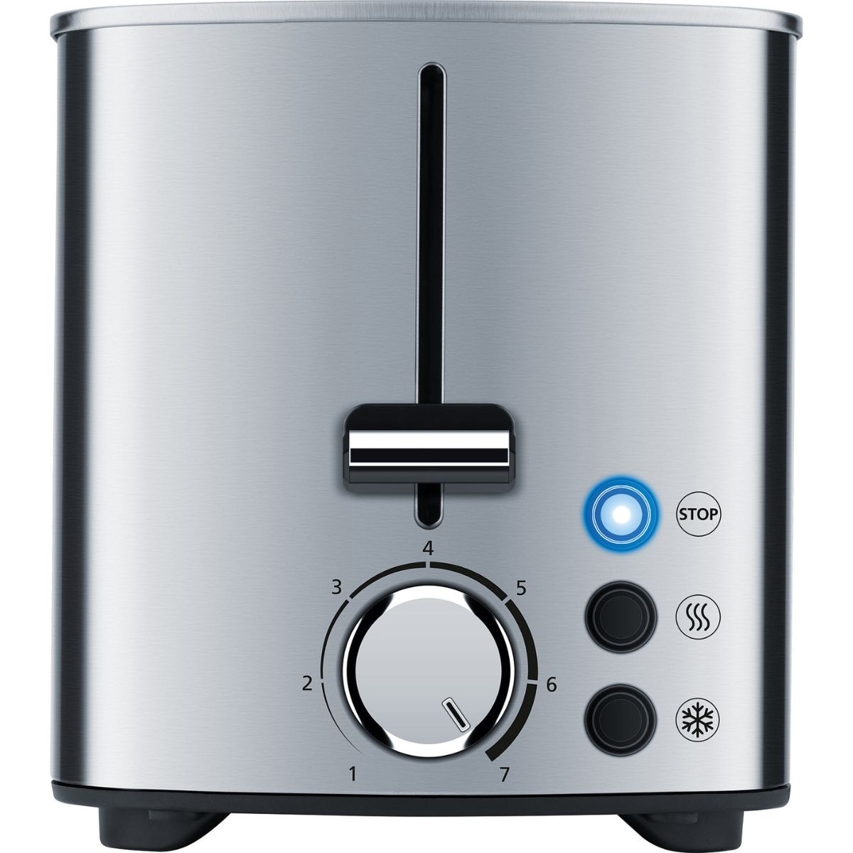 Ein silberner Toaster mit Drehregler und Knöpfen.