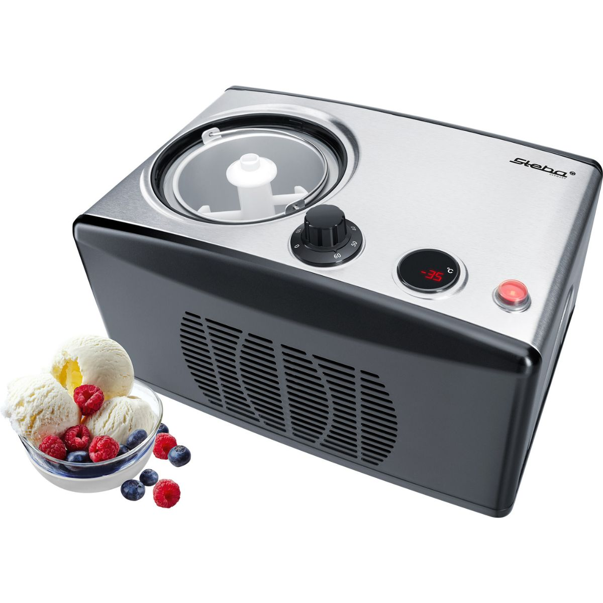Gelatiera con gelato e frutti di bosco. La macchina ha un display digitale.