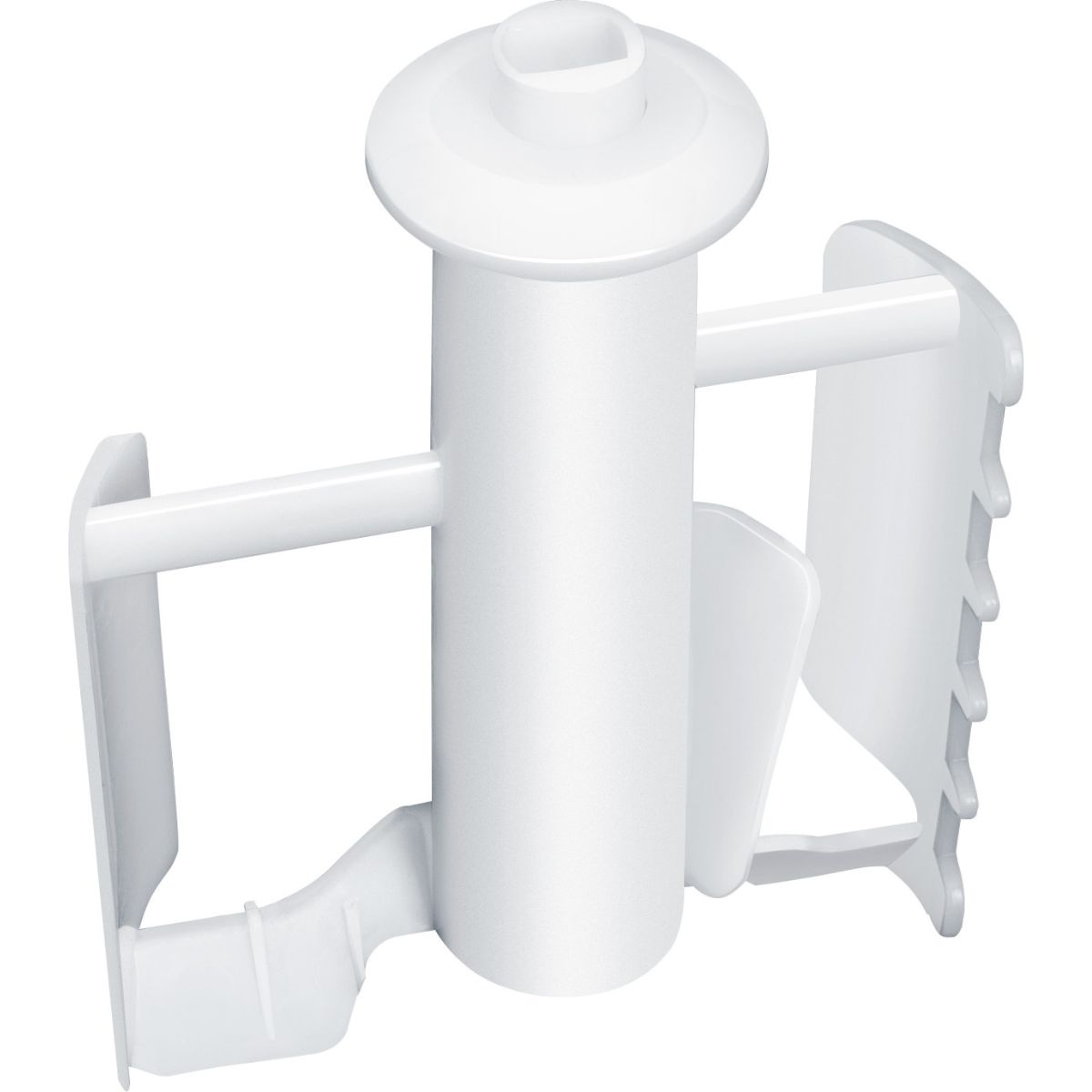Attacco per mixer in plastica bianca con lame e un cilindro centrale. Isolato su sfondo bianco.