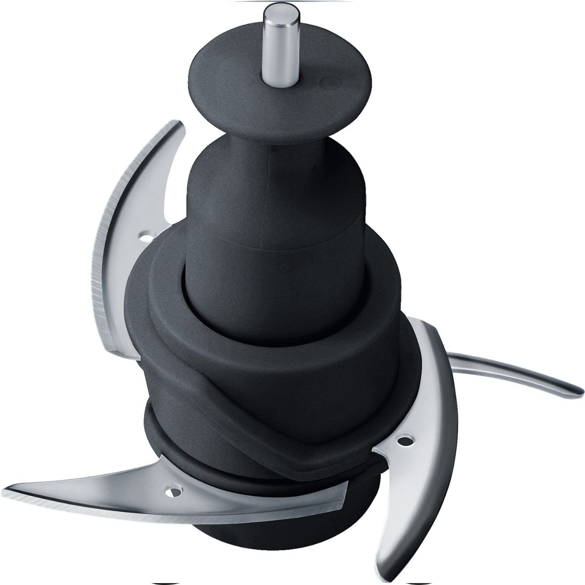 Primo piano di un gruppo lame di un robot da cucina nero. Tre lame d'argento.