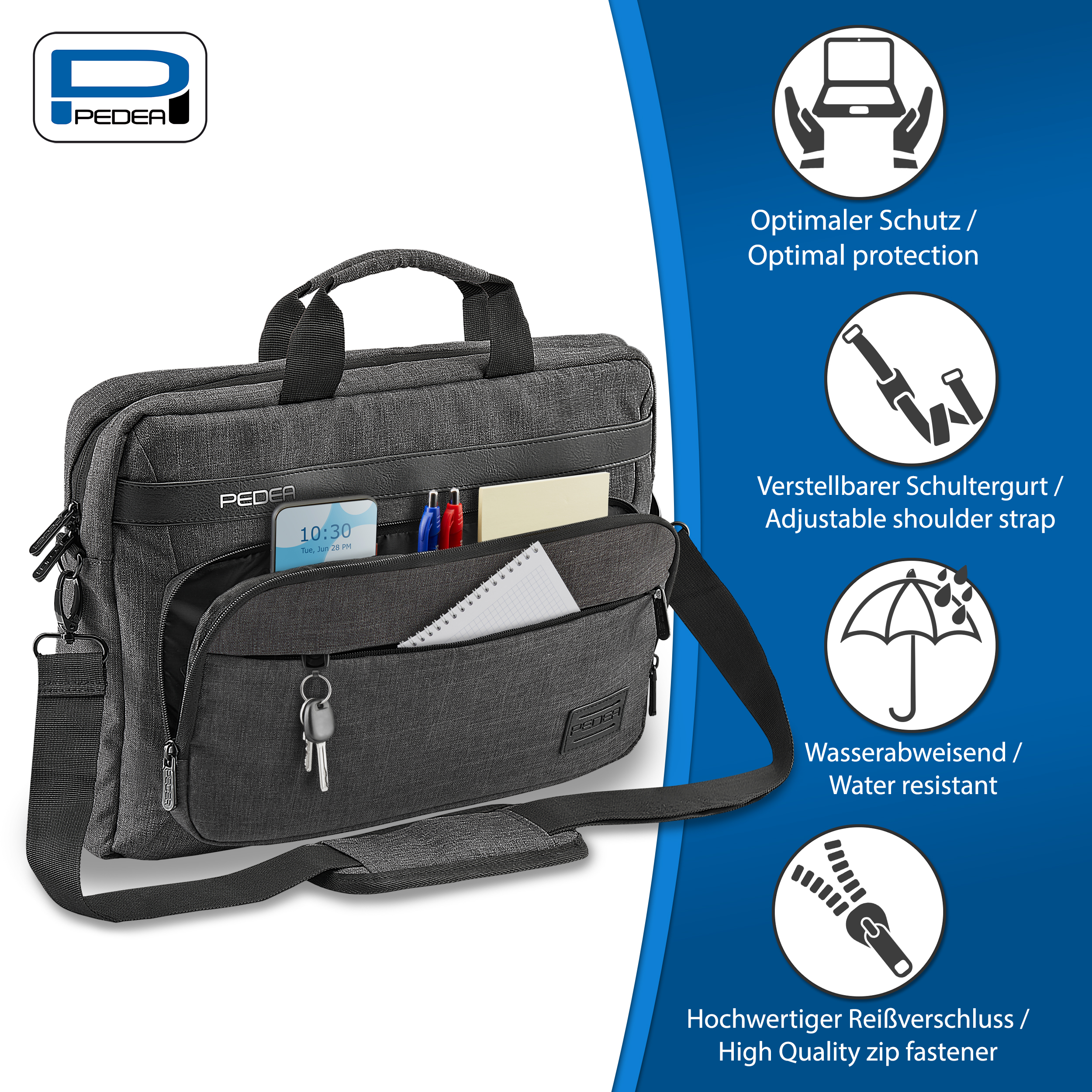 Borsa grigia per laptop con tasche e testo. Tracolla e cerniera.