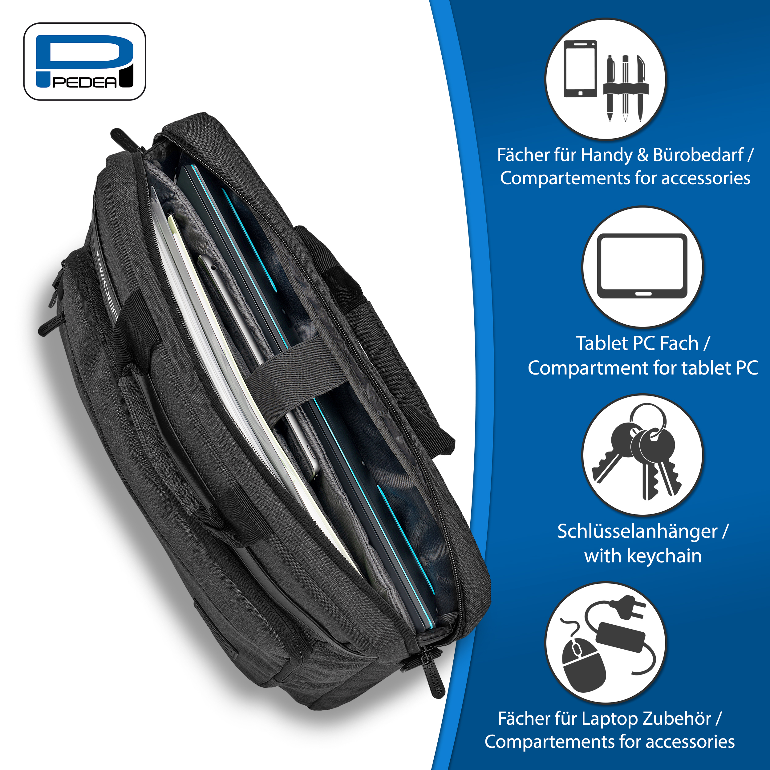Borsa per laptop nera con scomparti per accessori, tablet, laptop e chiavi.