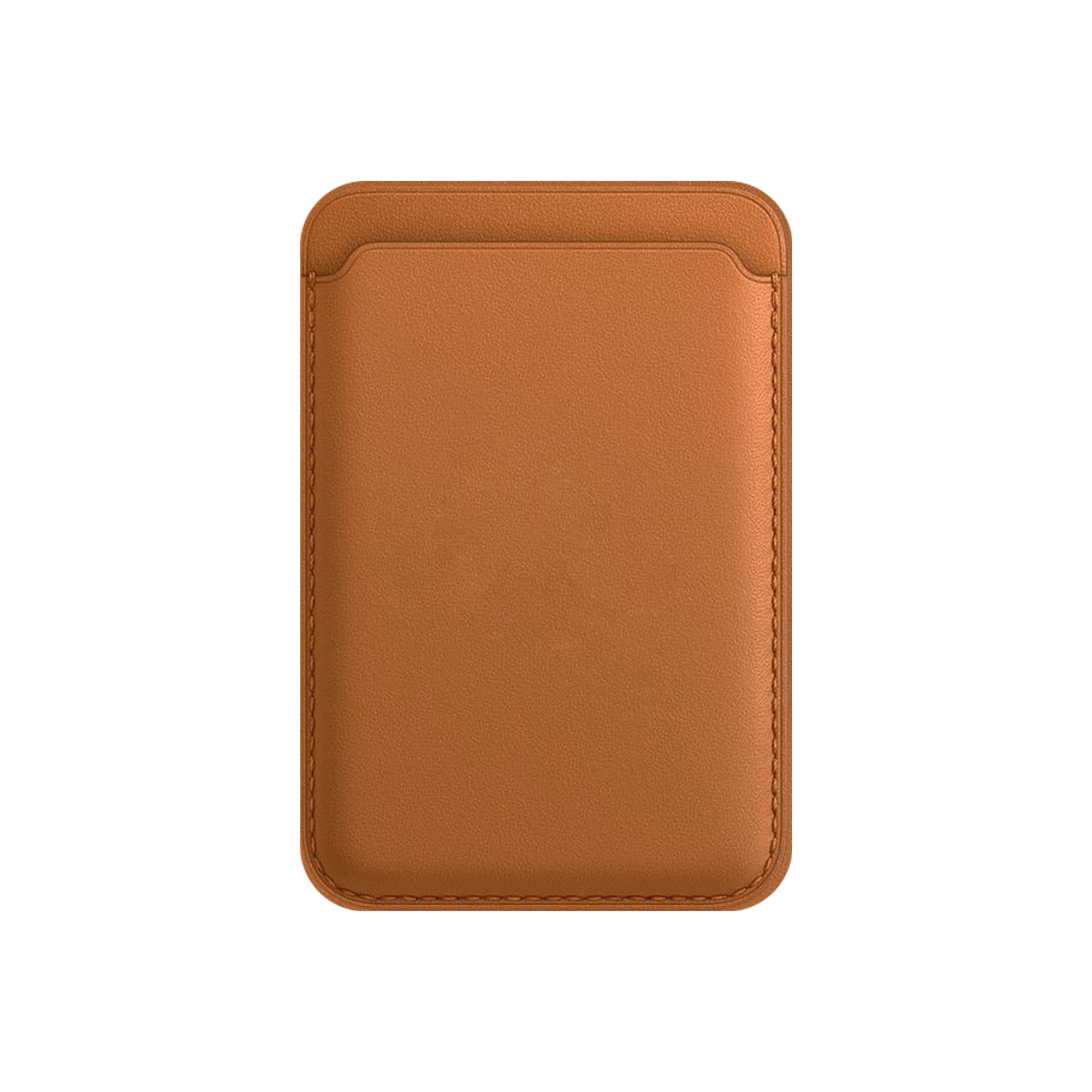 Cartera de cuero marrón. Forma rectangular con costuras. Vista frontal.
