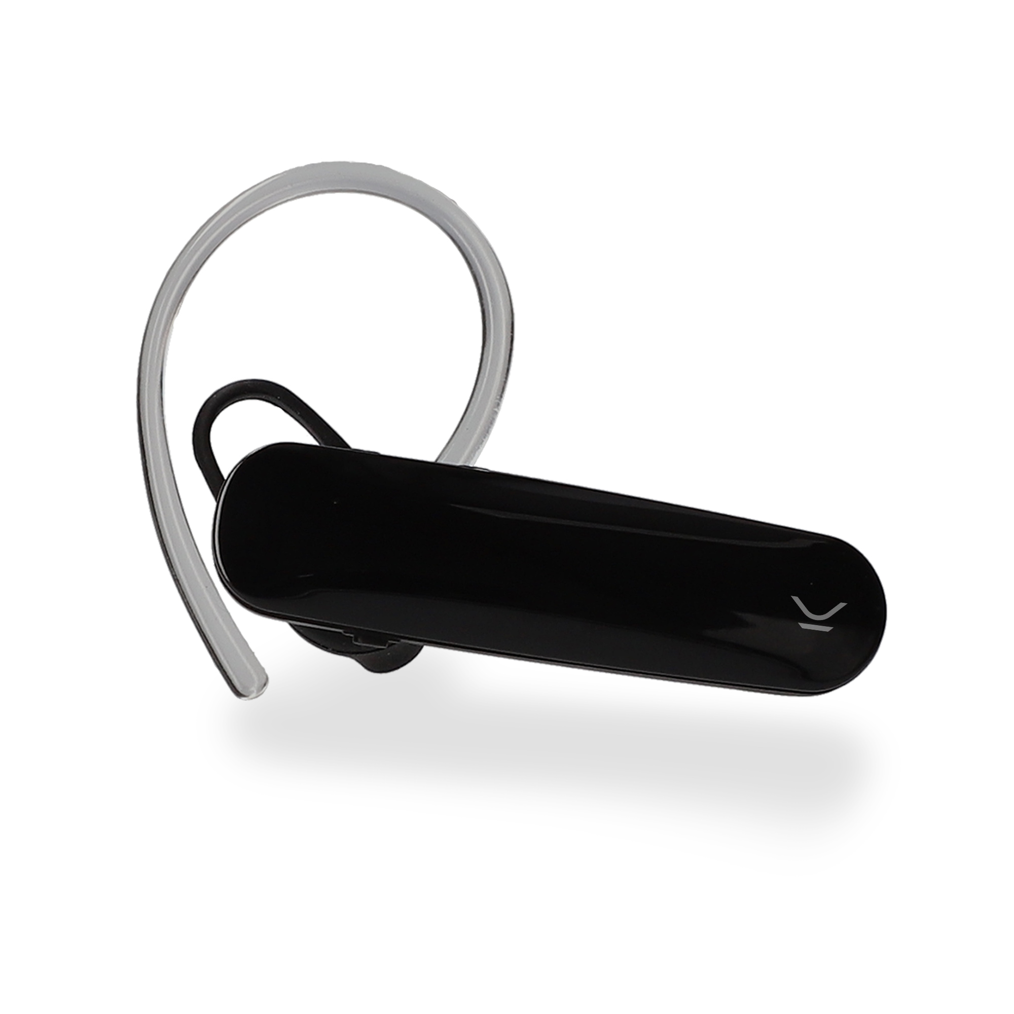 Un auricular Bluetooth negro con gancho transparente, sobre fondo blanco con sombra.