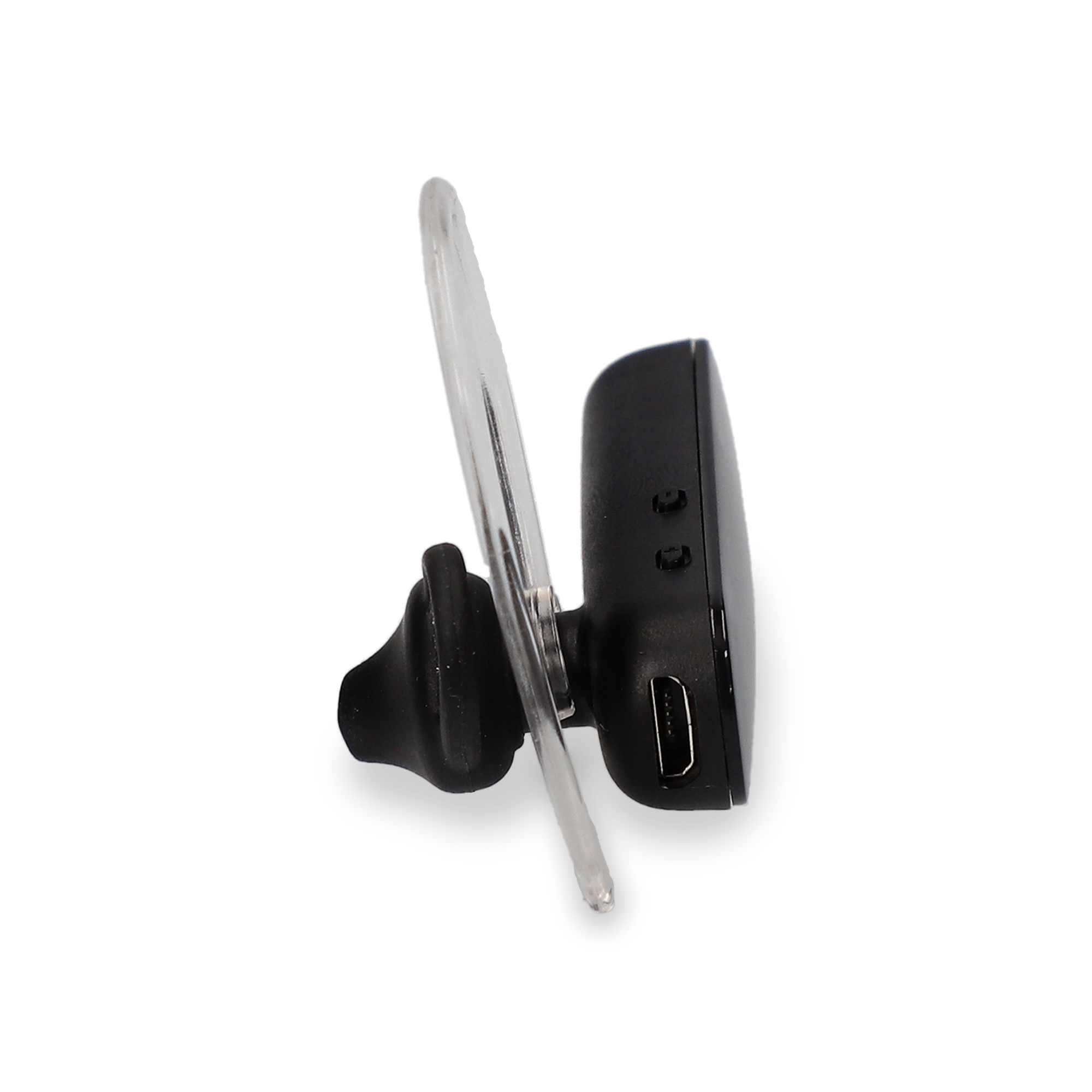 Auricular Bluetooth negro. Gancho para la oreja de plástico transparente. Fondo blanco.