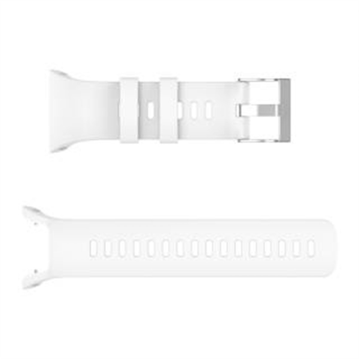 Een witte horlogeband met twee delen. Eén deel heeft gaten, het andere een gesp.